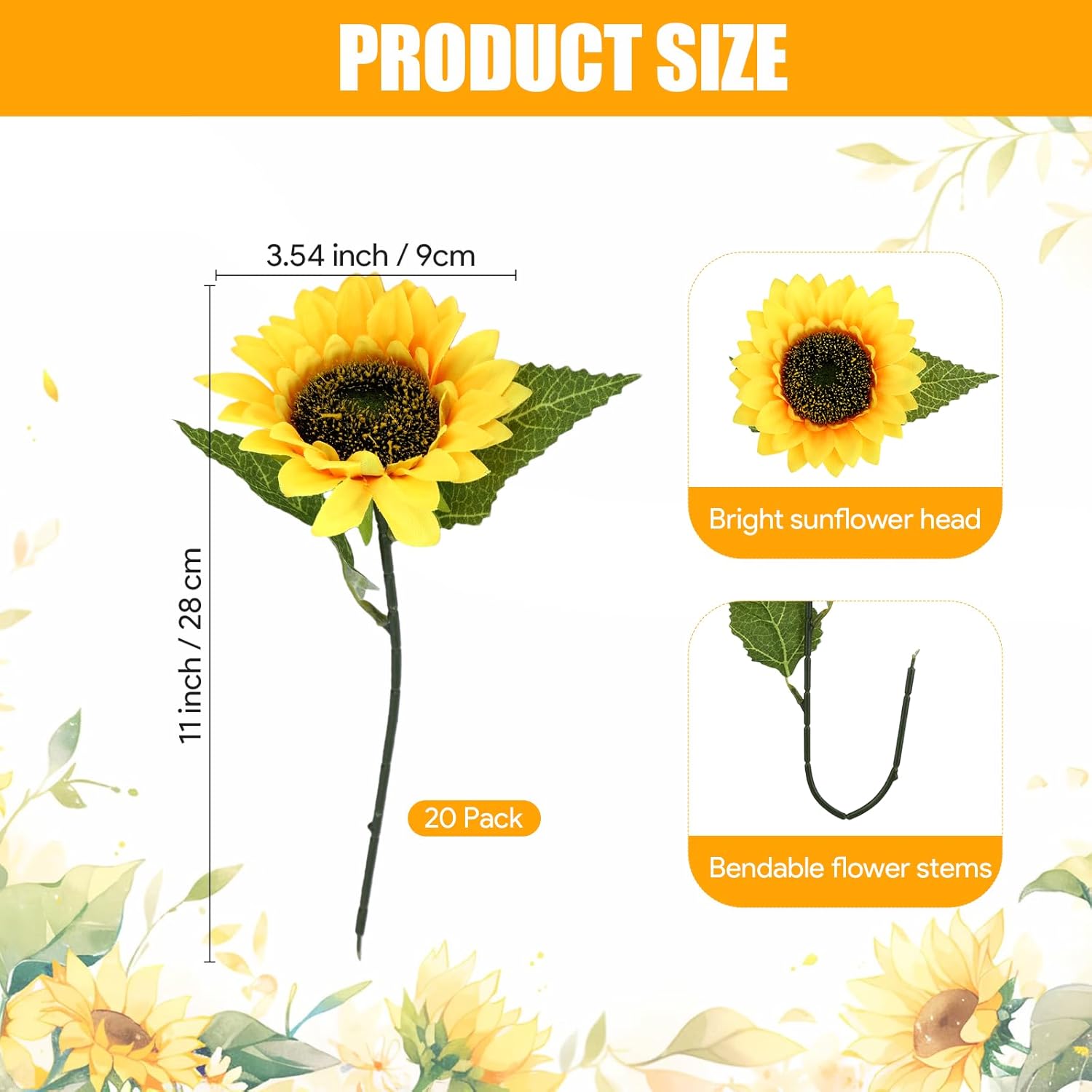 20 Pieces Artificial Sunflowers Arrangement With Realistic Artificial Fall Flowers Flexible Stems, Decorative Silk Girasoles For Table Centerpieces And Home Arrangements Wreath Diy Art Crafts Decor
