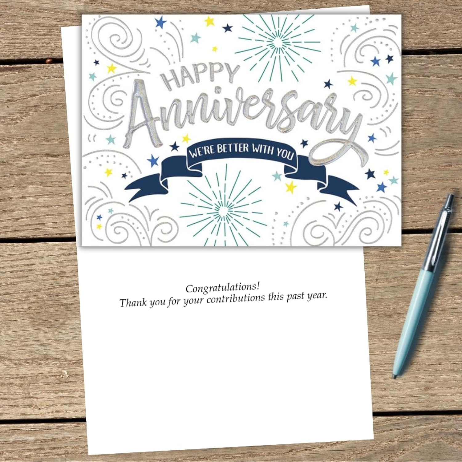 25 Employee Anniversary Cards - Confetti And Stars Design With Silver Holographic Foil Embossing - 26 White Envelopes - Fsc Mix
