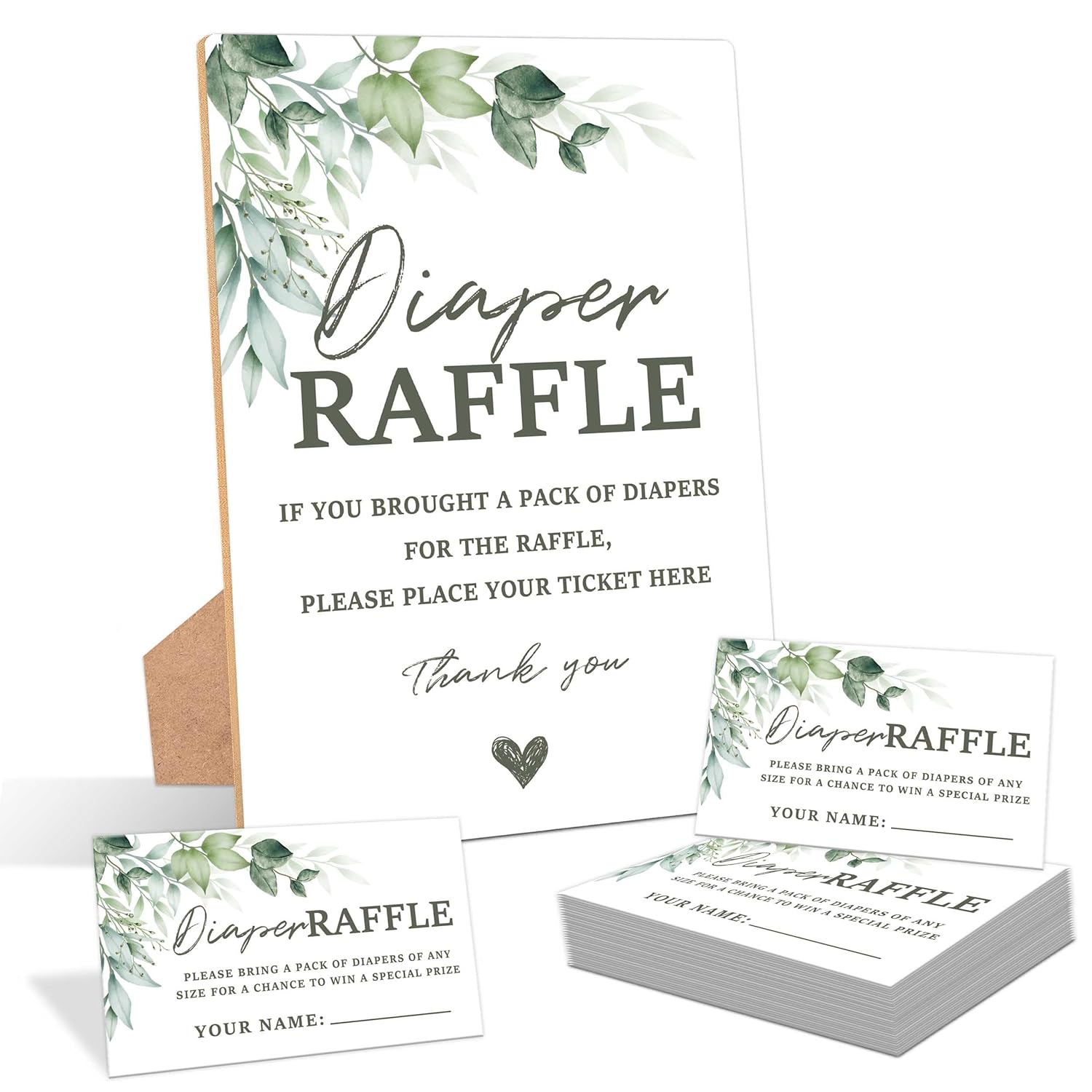 Greenery Baby Shower Diaper Raffle, Pack Of 1 Wooden Tabletop Sign With Stand And 50 Diaper Raffle Tickets, Green Baby Shower Game, Gender Reveal Party Decorations - Eh10