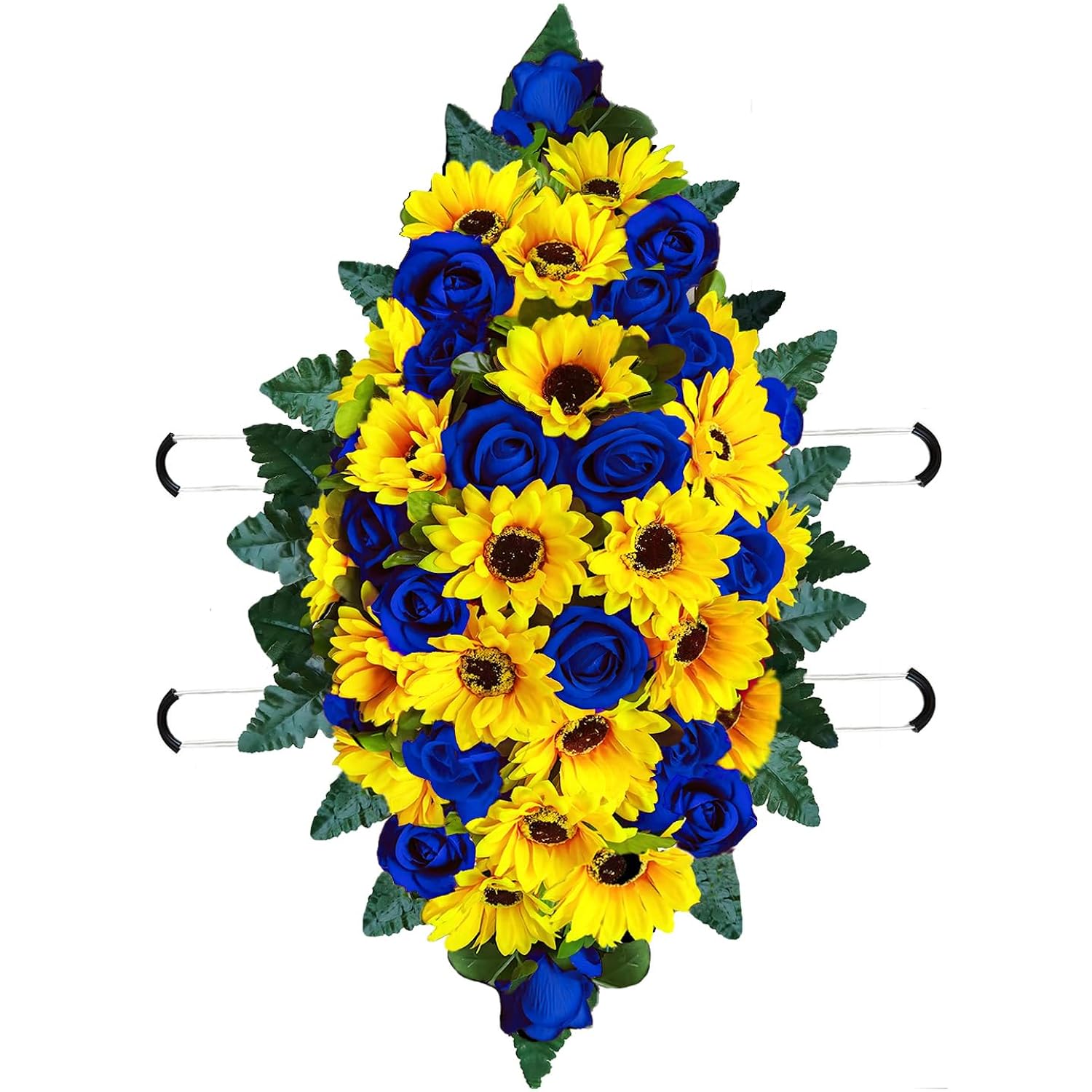 Artificial Summer Autumn Sunflower Cemetery Flowers Outdoor Grave Decorations Saddle Arrangement For Headstone,Outdoor Tombstone Memorial Decorations, Easy Fit (Yellow Darkblue)