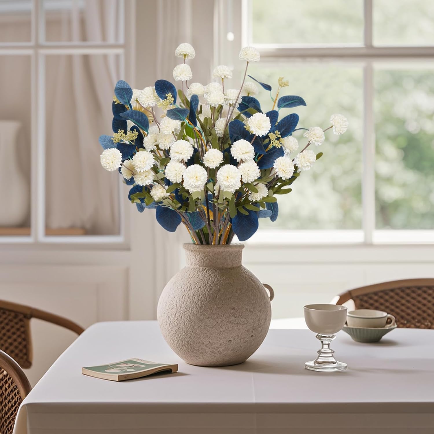 Fxkjghp Fake Mums Flowers+Eucalyptus Leaf In Vase Artificial Flowers 21Inches Long Stem Flowers For Decoration Room Decoration Silk Flowers Mini Chrysanthemum Floral Arrangements (White) No Vase
