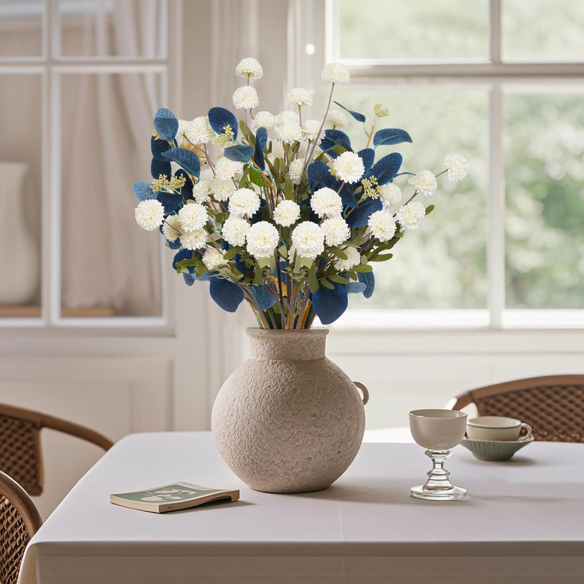 Fxkjghp Fake Mums Flowers+Eucalyptus Leaf In Vase Artificial Flowers 21Inches Long Stem Flowers For Decoration Room Decoration Silk Flowers Mini Chrysanthemum Floral Arrangements (White) No Vase