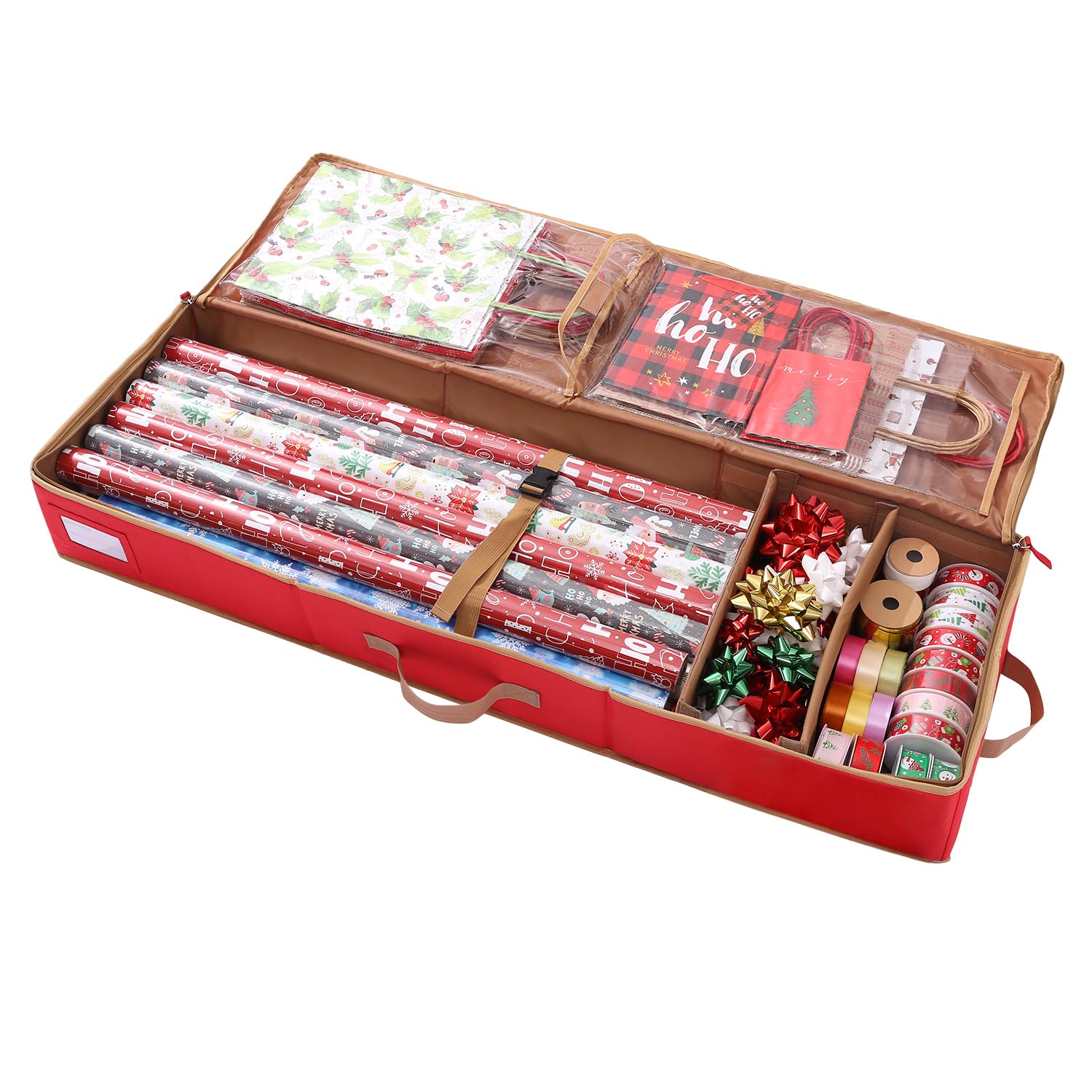 Gift Wrapping Paper Storage Containers,600D Oxford Fabric Christmas Ribbon Gift Bag Bows Storage Box,Holds Up To 20 Rolls,42"W X 14"D X 5.5"H (Red)