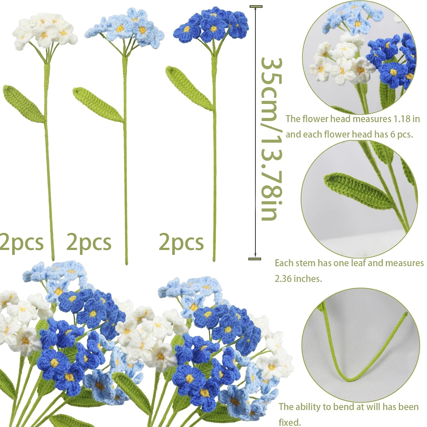 6 Pcs Crochet Flowers Bulk Forget Me Not Crochet Flower Gifts Blue Handmade Crocheted Flowers Bouquet Diy Home Decor For Mother'S Day Birthday Wedding Women Moms Wives Friends