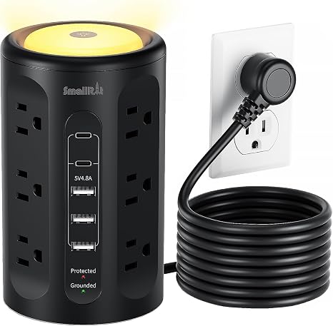 Power Strip Tower with Night Light 12 AC Outlets 3 USB A 2 USB C 10 Ft Cord