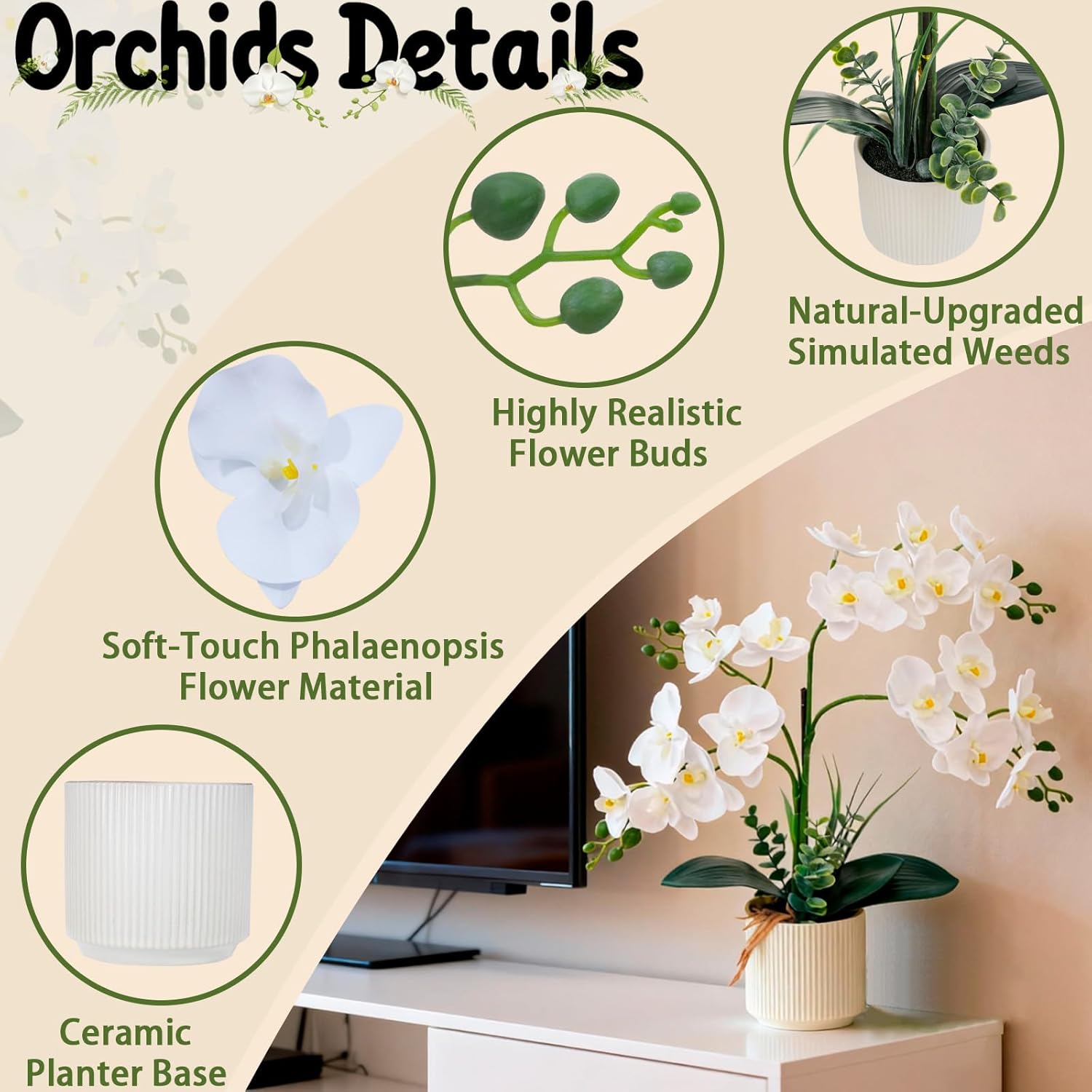 Upgraded White Artificial Orchid Flowers With Ceramic Vase Fake Orchids Real Touch Flowers For Home Decor Bathroom Decoration Table Centerpieces (White)