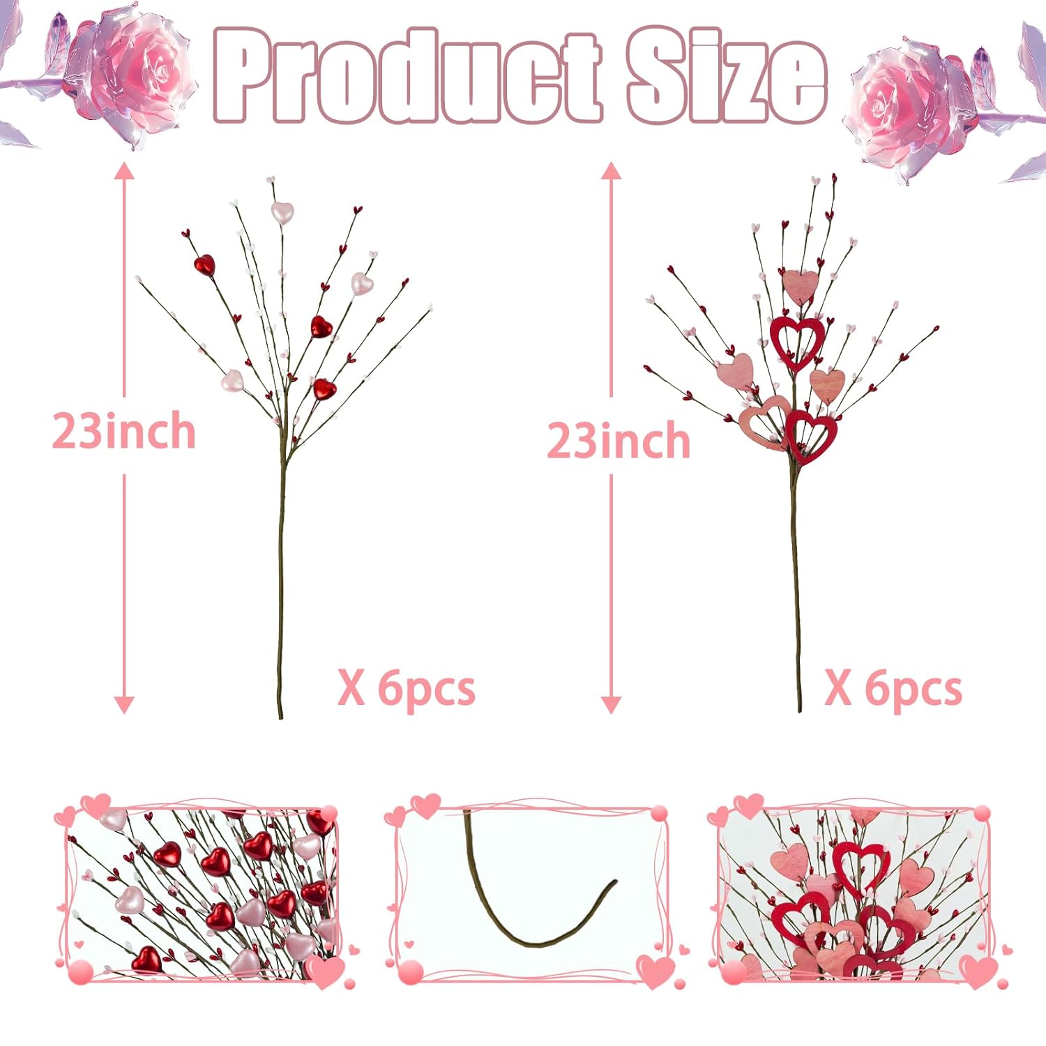 6 Pcs Valentines Day Decorations, 23 Inch Valentines Day Fowers Picks Artificial Heart Berry Stems Branches For Table Centerpiece Floral Arrangements Party Wedding Vase Decor