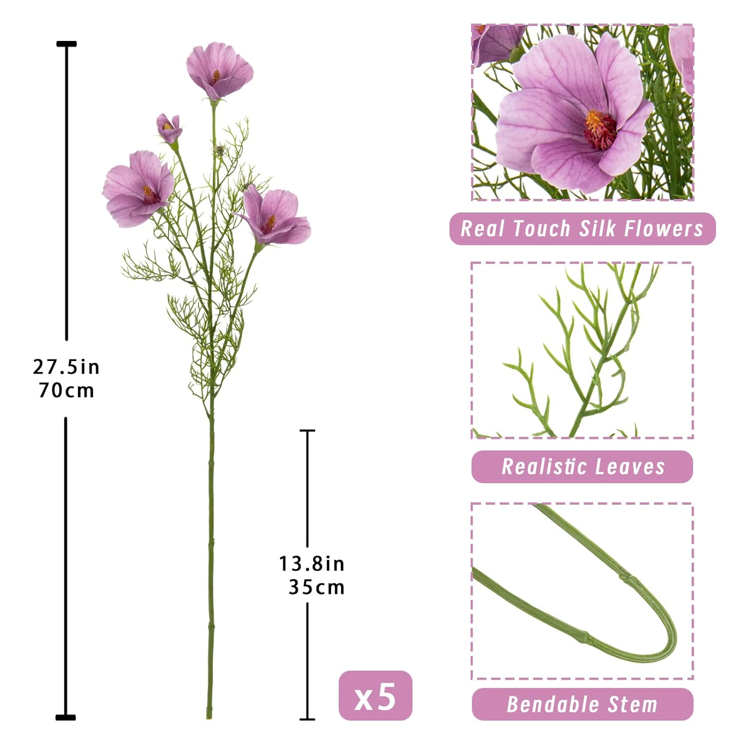 5Pcs Fake Flowers Sprays Purple Hibiscus Artificial Flowers 27 ½’’ Long Stems Realistic Silk Flowers Faux Bridal Bouquet For Home Décor Indoor Farmhouse Wedding Centerpieces Vase