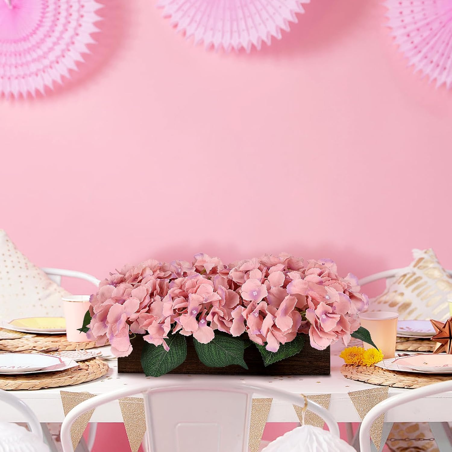 Spring Flower Table Centerpiece, Fake Hydrangea Arrangements Centerpieces Artificial Flowers Decor Wood Tray With Faux Flower Wedding Bouquets Room Kitchen Farmhouse Indoor Office Party(Pink)