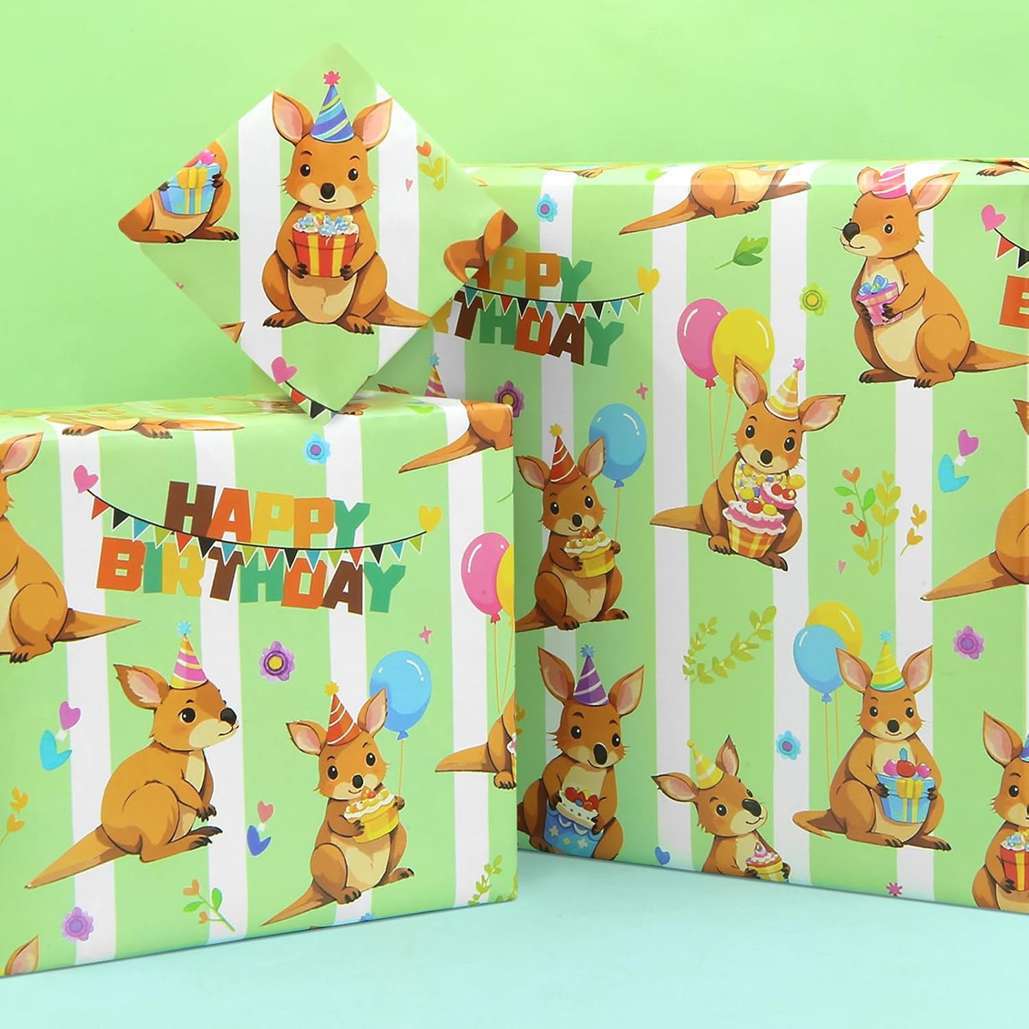 Cartoon Australian Kangaroo With Happy Birthday Cake And Balloon Gift Animal Wrapping Paper Set Of 6 Folded Flat 6 Sheets In 1 Design: 23 Sq. Ft. Ttl, Birthday Gift Wrap For Paties Newborn Boy Baby Shower Christening Baptism