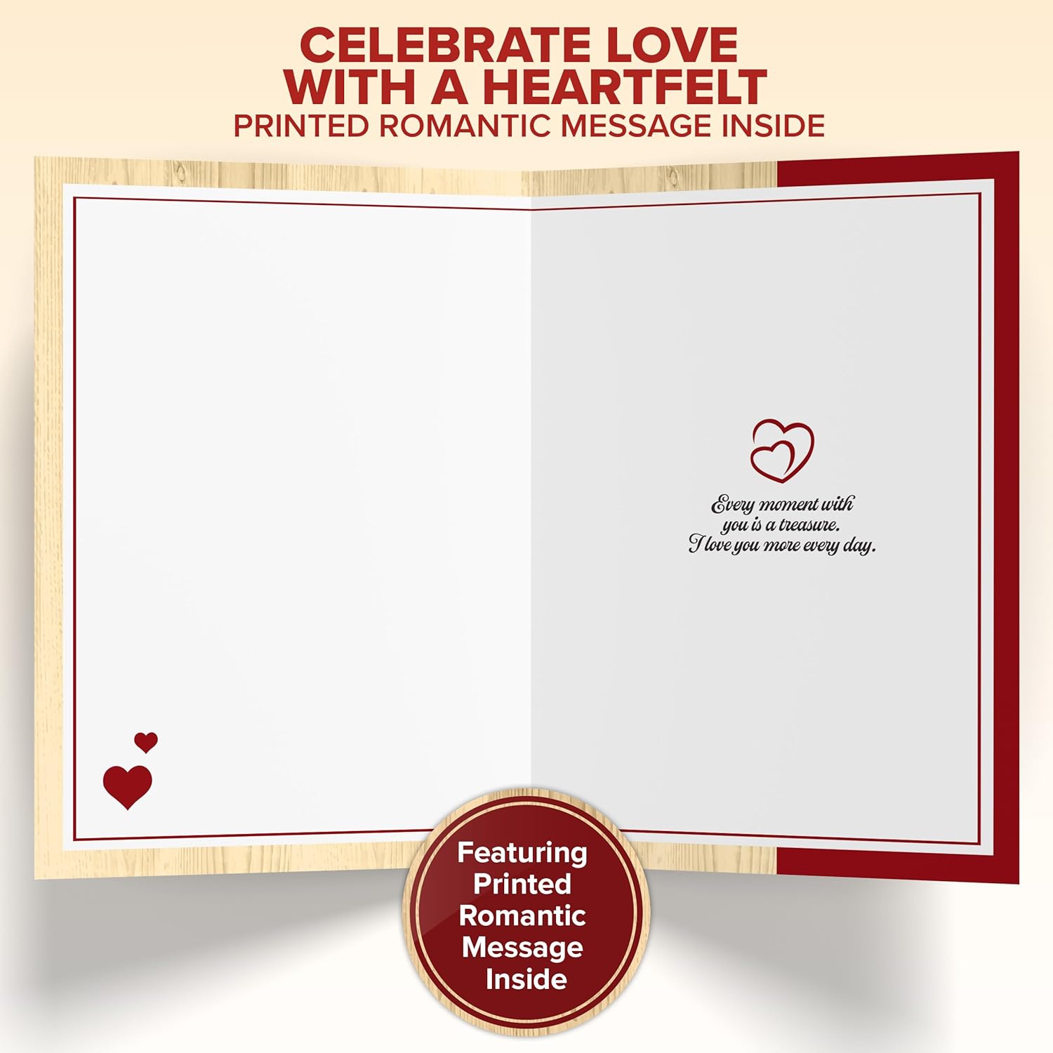 Glittery 5X7In Handmade Individual Wood Valentine Card For Husband Or Wife With Die-Cut Hearts & Ribbon, With Envelope & Stickers For Loved Ones, Printed Message Inside, Gifting & Mailing