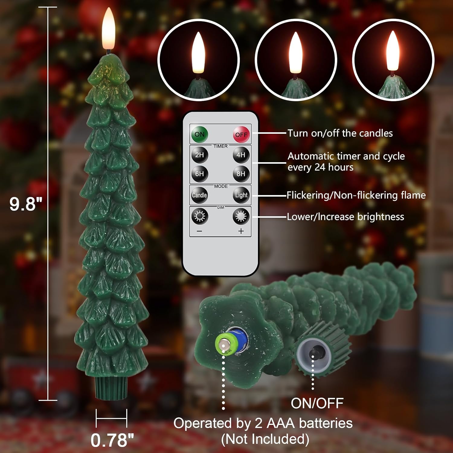 Christmas Tree Candles With Remote Timer, 4 Pcs Waxy Flameless Taper Candles Flickering, Battery Operated Led Candlesticks With 3D Flame Wick, Green Window Candle For Christmas Decorations