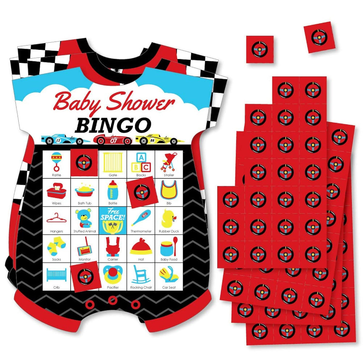Big Dot of Happiness Let’s Go Racing - Racecar - Picture Bingo Cards and Markers - Race Car Baby Shower Shaped Bingo Game - Set of 18
