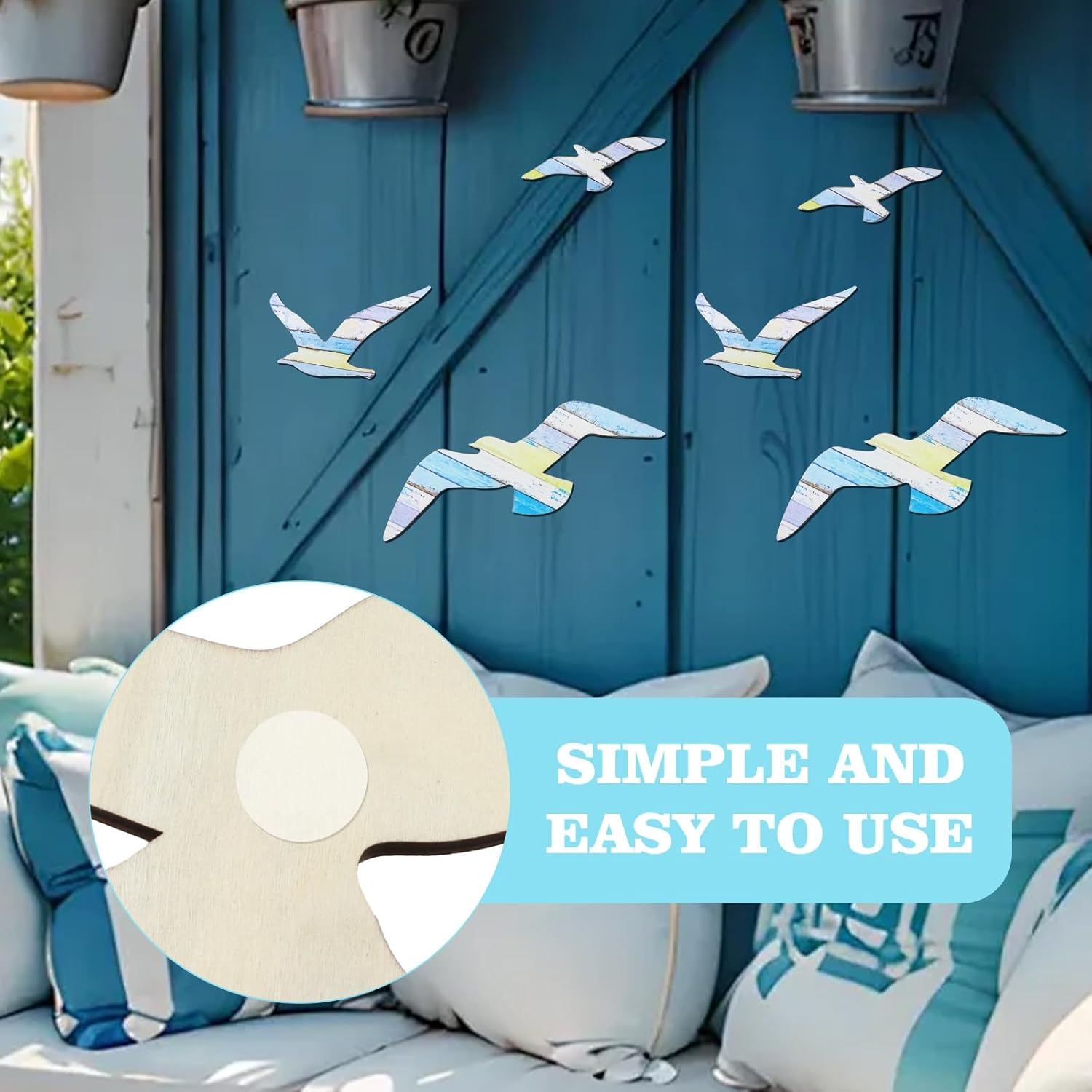 6Pcs Wooden Seagull Wall Decor Self-Adhesive, Nautical Coastal Beach Themed Wall Art, Removable Decals For Home Bathroom Bedroom Living Room Indoor Decor