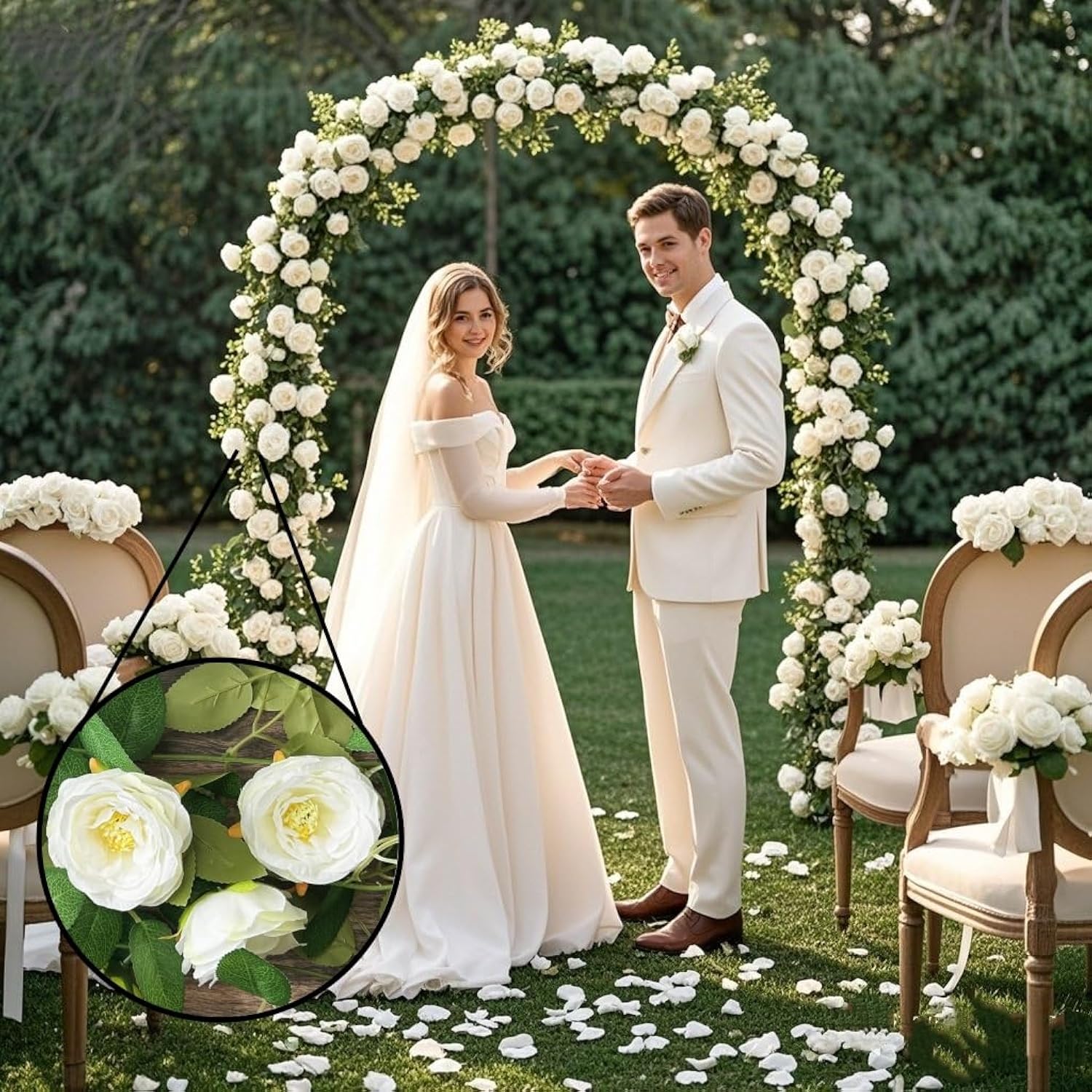 Flower Garland 4Pcs(26Ft), White Rose Garlands Decoration, White Fake Rose Garlands, Vines For Bedroom Flower Garland For Backdrop, Artificial Flowers Wedding Decor, Arch Garden Ceremony Wall Decor