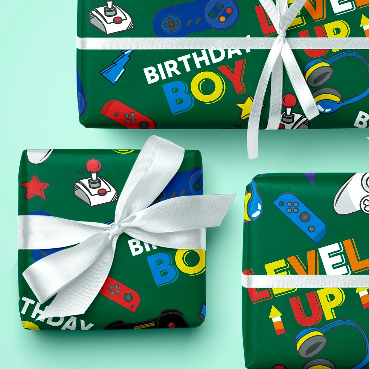 Gaming Wrapping Paper Roll - Mini Roll - 17 Inch X 33 Feet - Green Gaming Boys Kids Happy Birthday Wrapping Paper For Boys Kids Birthday, Baby Shower, Party