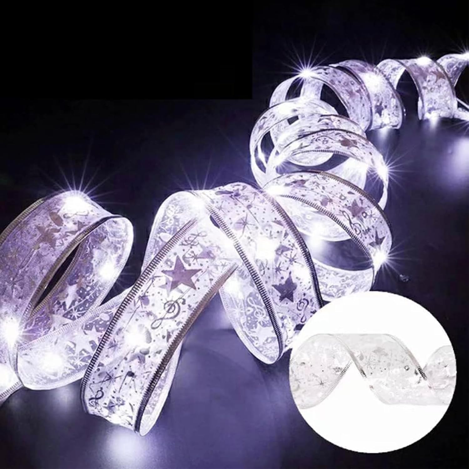 Christmas Tree Decorations 66Ft 200 Led Sliver Ribbon Fairy Lights Battery-Powered Copper Wire Bows For Christmas New Ye