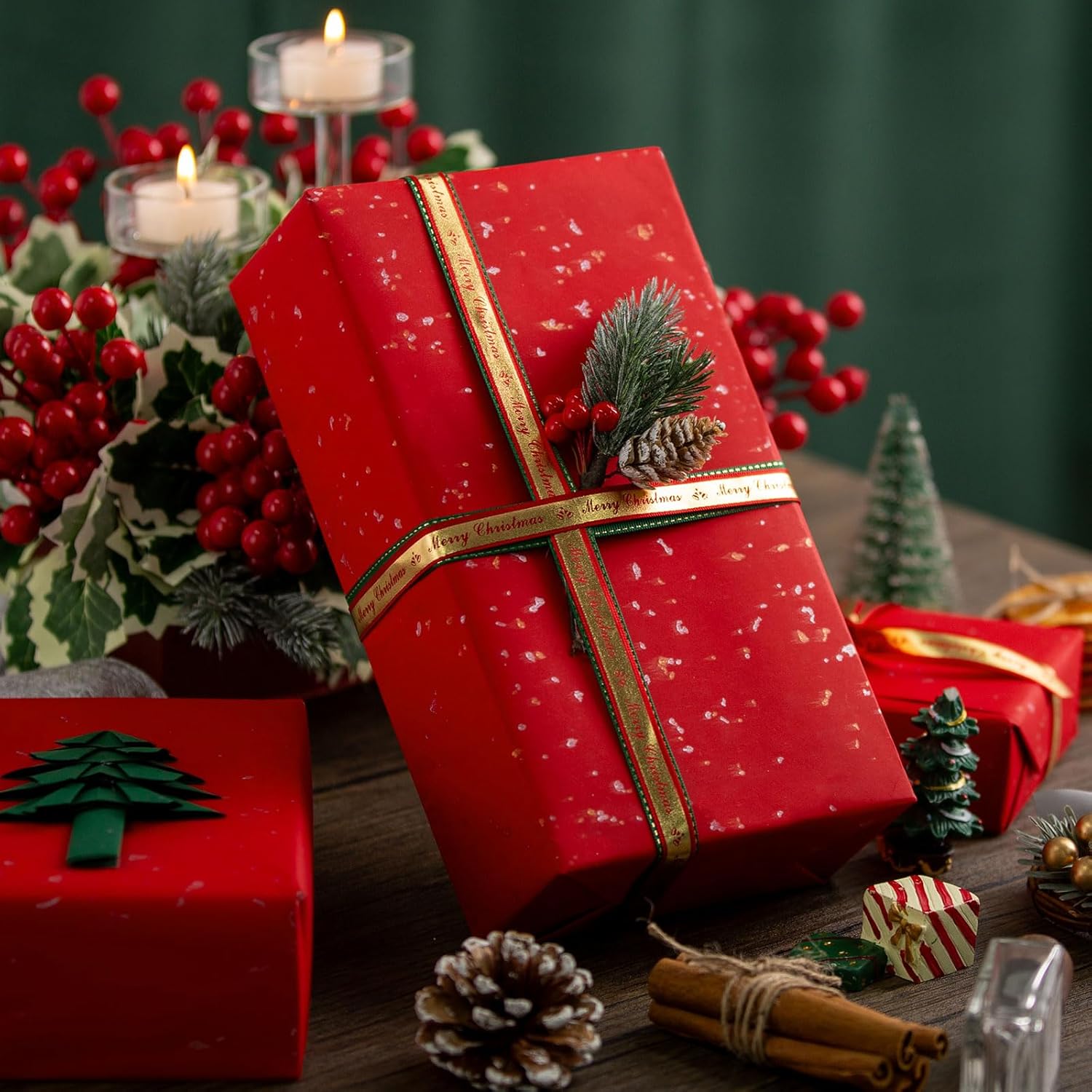 Gift Wrapping Paper Roll - 17Inch X 16.5Feet - Elegant Red Gold Foil Design Shiny Flakes Silky Touch Thick Matte Gift Wrap Paper For Christmas, Wedding, Birthday, Holiday,Celebrations