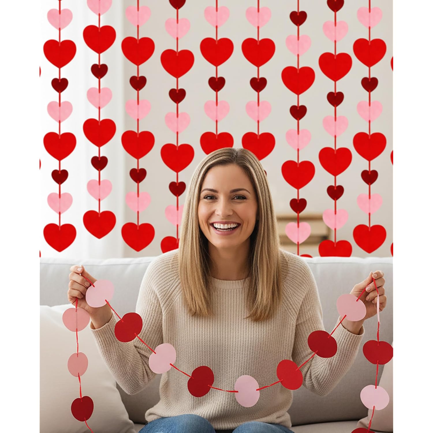 Felt Heart Garland Streamers, 96 Pre-Strung Mixed-Size Hearts In Red Pink Burgundy, Valentine'S Day Decorations 6-Pack, Ready To Hang For Party Wedding