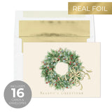 Masterpiece Wreath With Berries Christmas Cards / 16 Boxed Seasons Greetings Holiday Card Set With Coordinating Gold Foil Lined Envelopes / 5 5/8" X 7 7/8" Folded Winter Greeting Cards With Inside