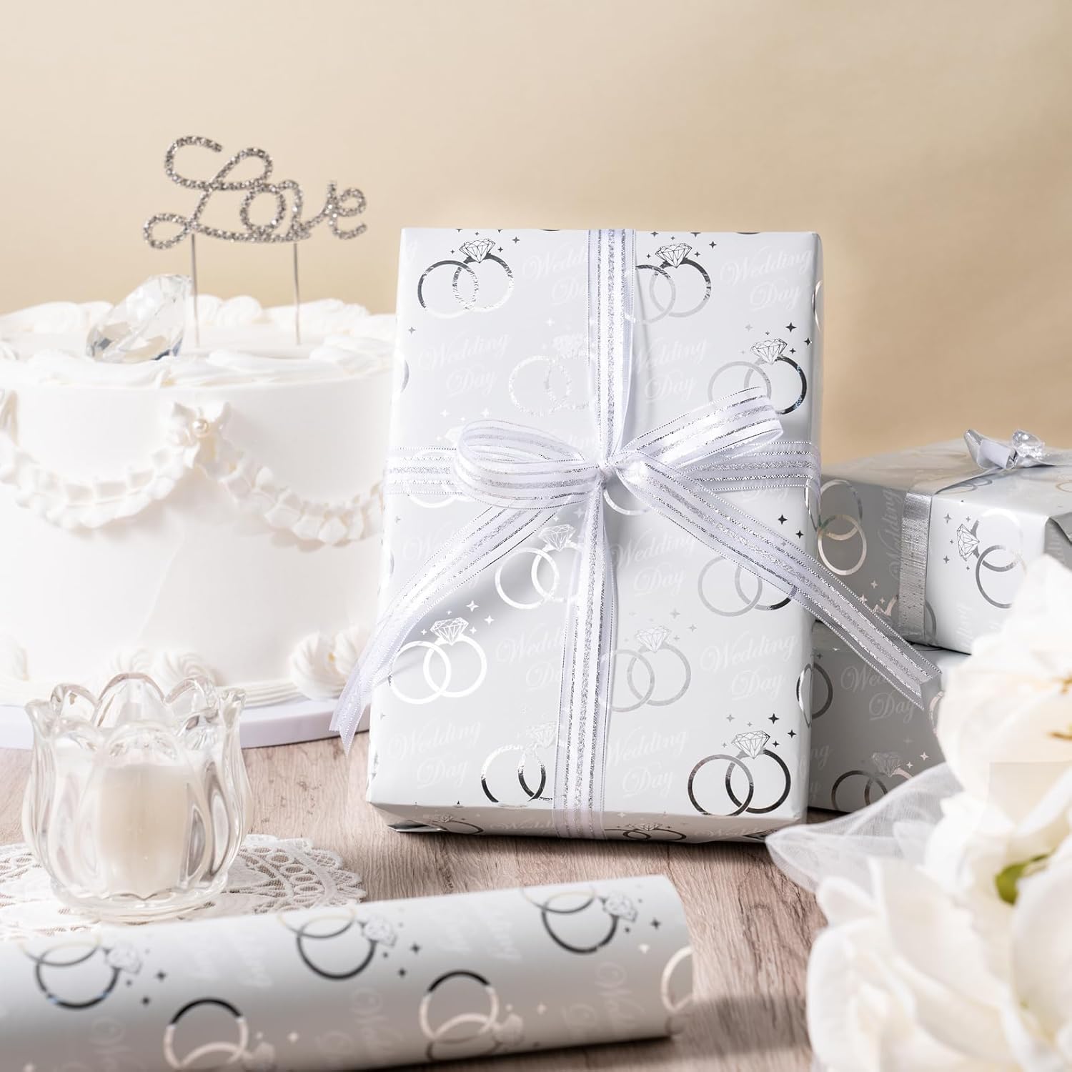 Wedding Wrapping Paper Roll - Mini Roll - 17 Inch X 33 Feet - Silver Foil Diamond Ring And Wed Day Lettering Design Perfect For Wedding, Celebration, Party