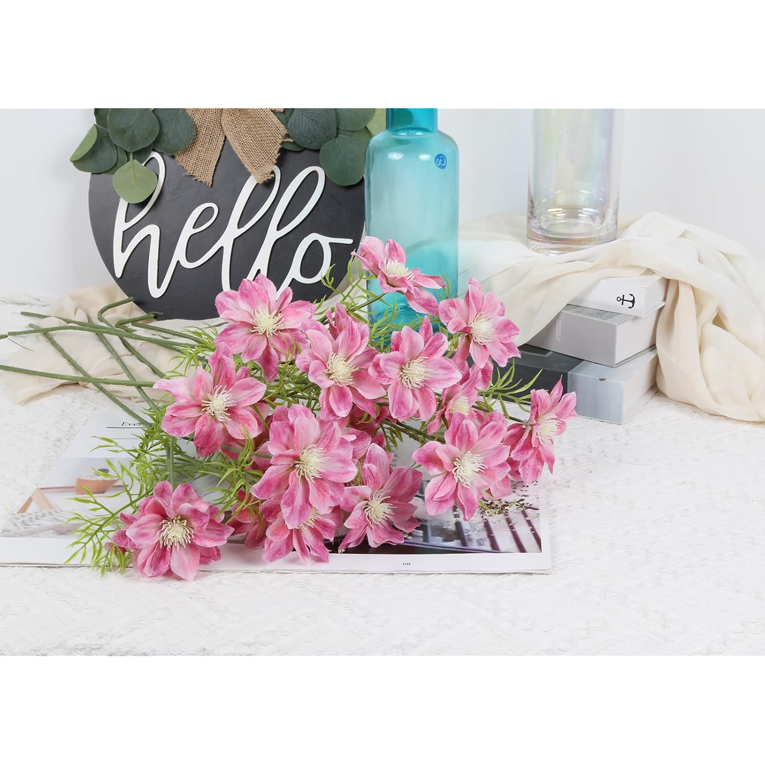 8Pcs Silk Cosmos Artificial Flowers Pink Fake Cosmos Flower 25.6" Fake Wildflowers Faux Clematis Flowers For Wedding Bride Floral Arrangement Home Kitchen Garden Decor(Pink)