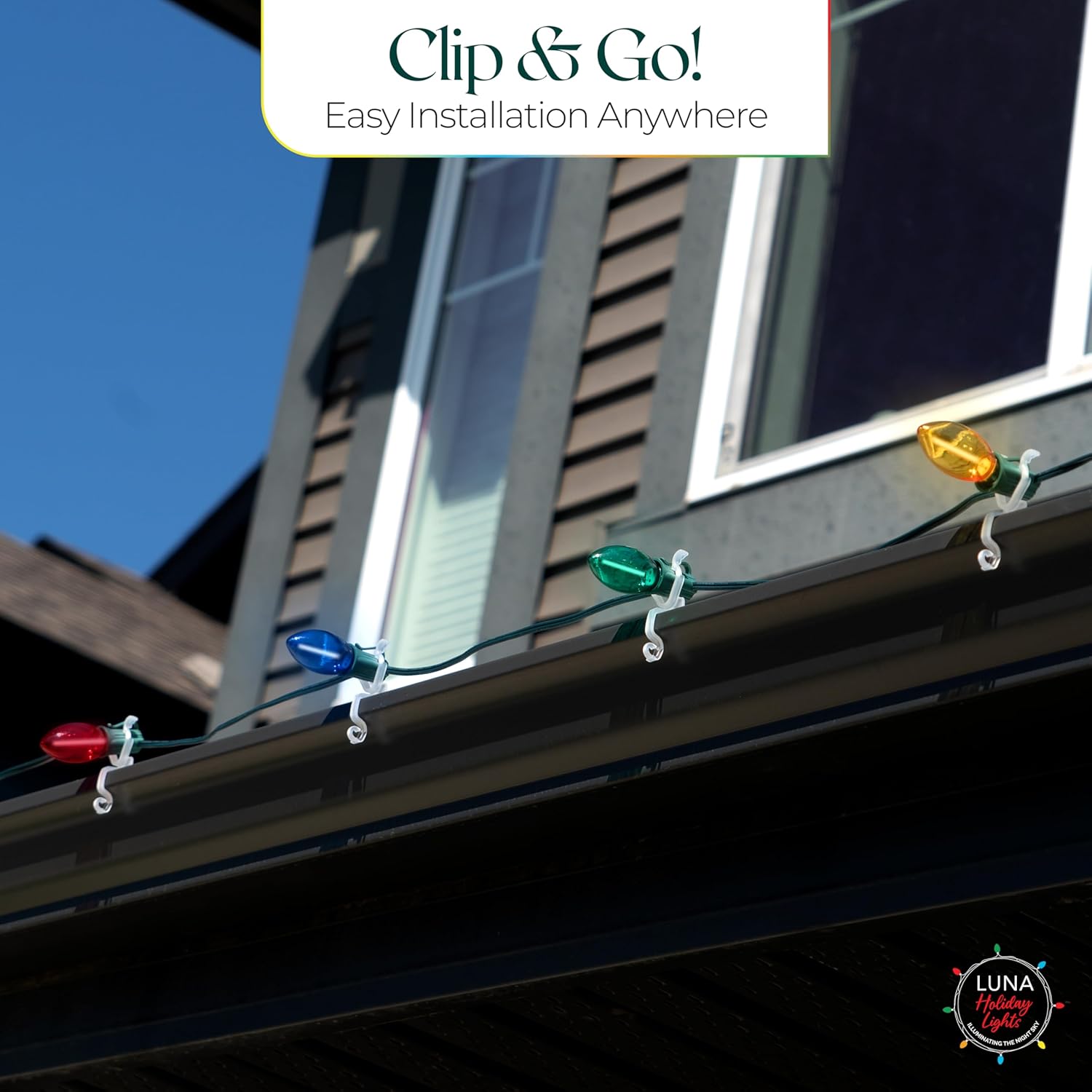 Luna Christmas Light Hanger - All-In-One Clip, Universal Gutter & Shingle, 1000 Pack, Use With C9, C7 & Led Mini Lights