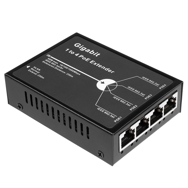 Gigabit 4 Port 60W Poe Extender, 1000Mbps 1 In 4 Out Poe+ Repeater With 3 Mode