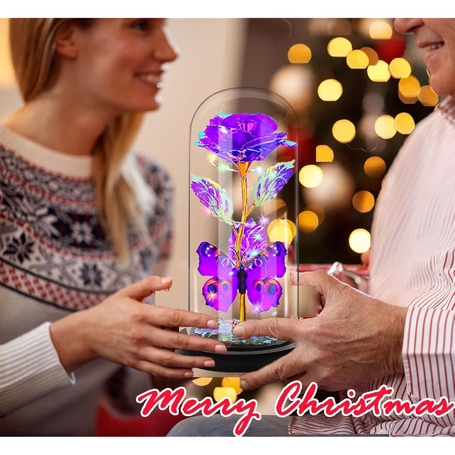 Valentines Day Rose Glass Flowers Gifts For Her, Galaxy Crystal Light Up Rose In A Glass Dome, Valentines Day Gifts For Mom Wife, Valentine Birthday Gifts For Women,Purple Butterfly
