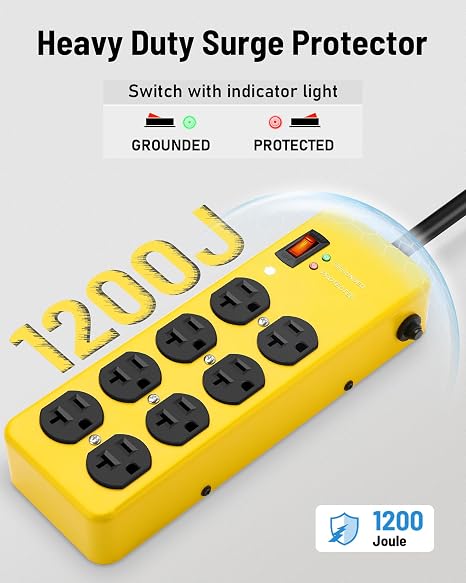 20A Heavy Duty Power Strip Surge Protector 8 AC Outlets 12 Gauge 10 Ft Yellow