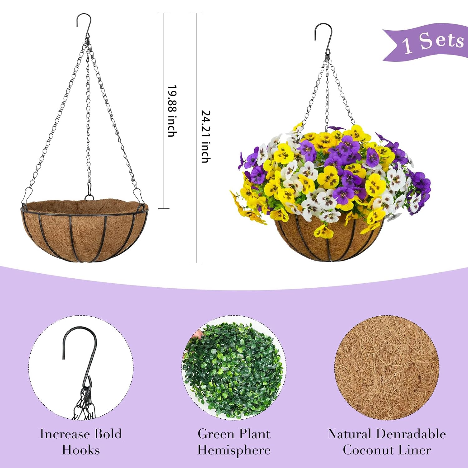Artificial Outdoor Flowers With Hanging Basket, Hanging Planters With 12Pcs Fake Pansy Flowers For Spring Summer Front Porch Garden Patio Home Decor