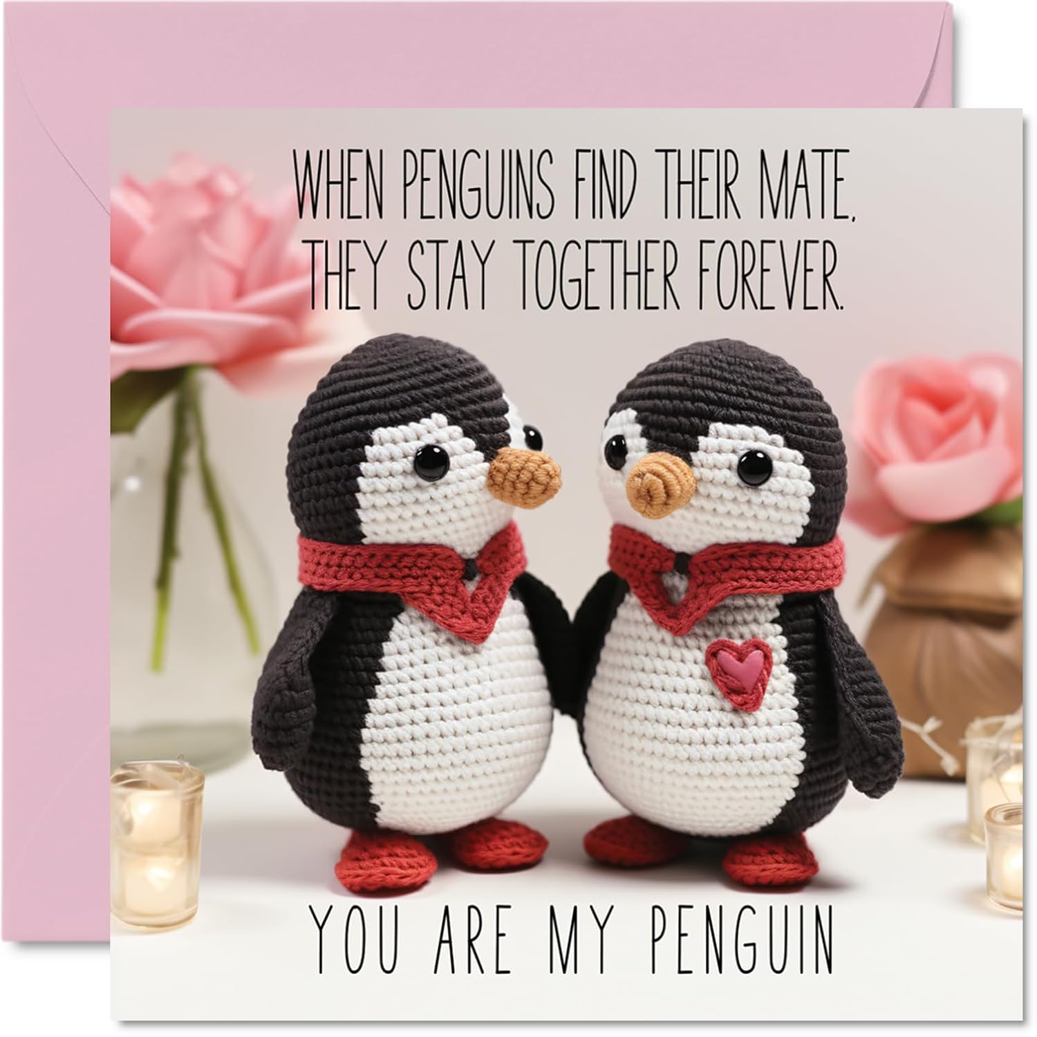 Penguin Valentine'S Day Card - Knitted Penguins- Cute Romantic Card For Girlfriend Boyfriend Wife Husband Partner Friend Him Her, 5.7 X 5.7 Inch Anniversary Greeting Cards