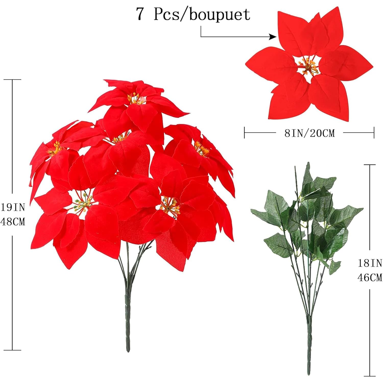 Poinsettias Artificial Christmas Flowers Decorations - 3 Pcs Big Artificial Red Poinsettia Flowers For Christmas Tree,Fake Poinsettia 7.87" With Stems 7 Heads Big Red Flowers For Home Xmas Tree Decor