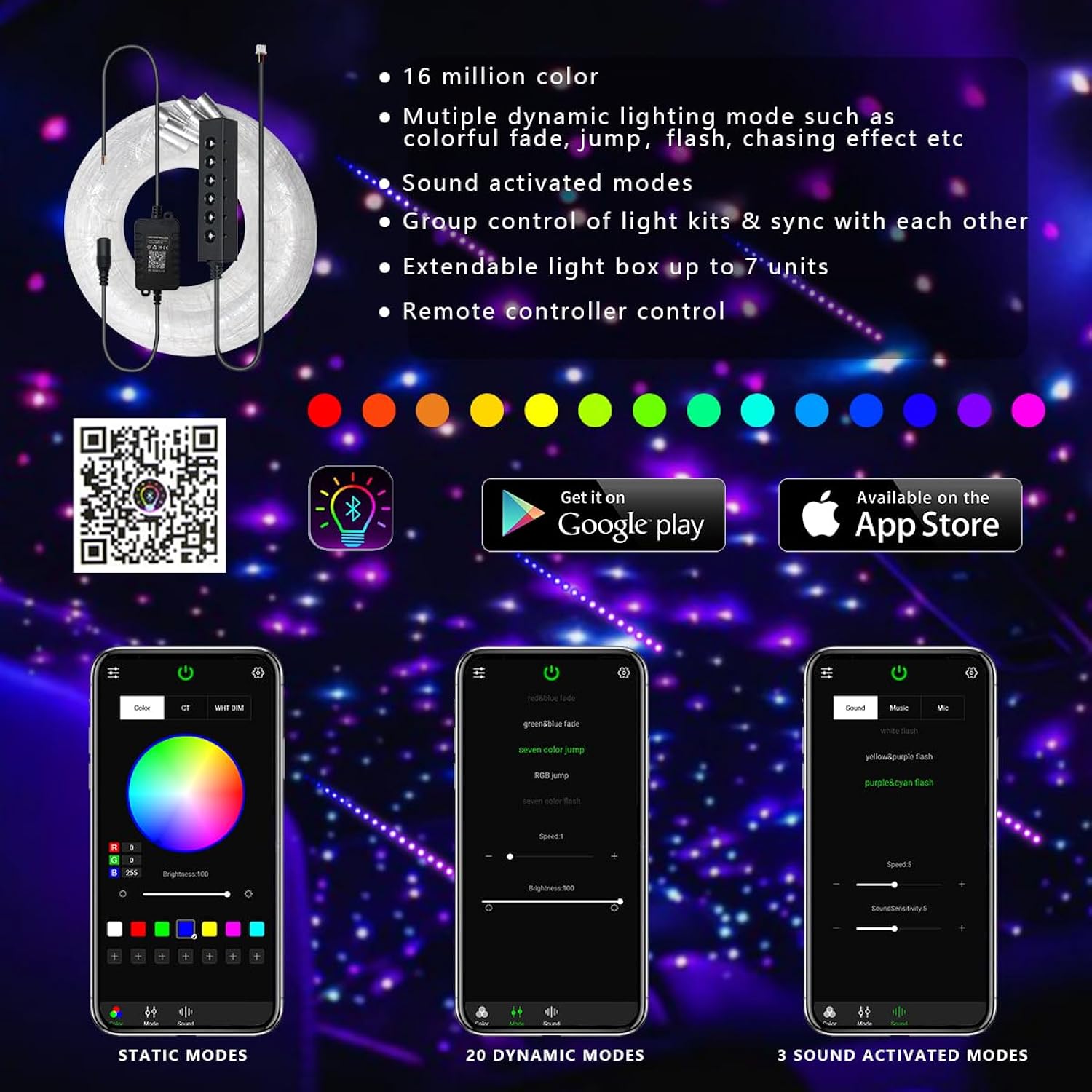 3.2W 6-Hole Rgb App Colorful Fiber Optic Lights Kit, Color Chasing Sound Activated 9.8Ft 120Pcs Of 0.75Mm Optical Fibers With Remote And App Control