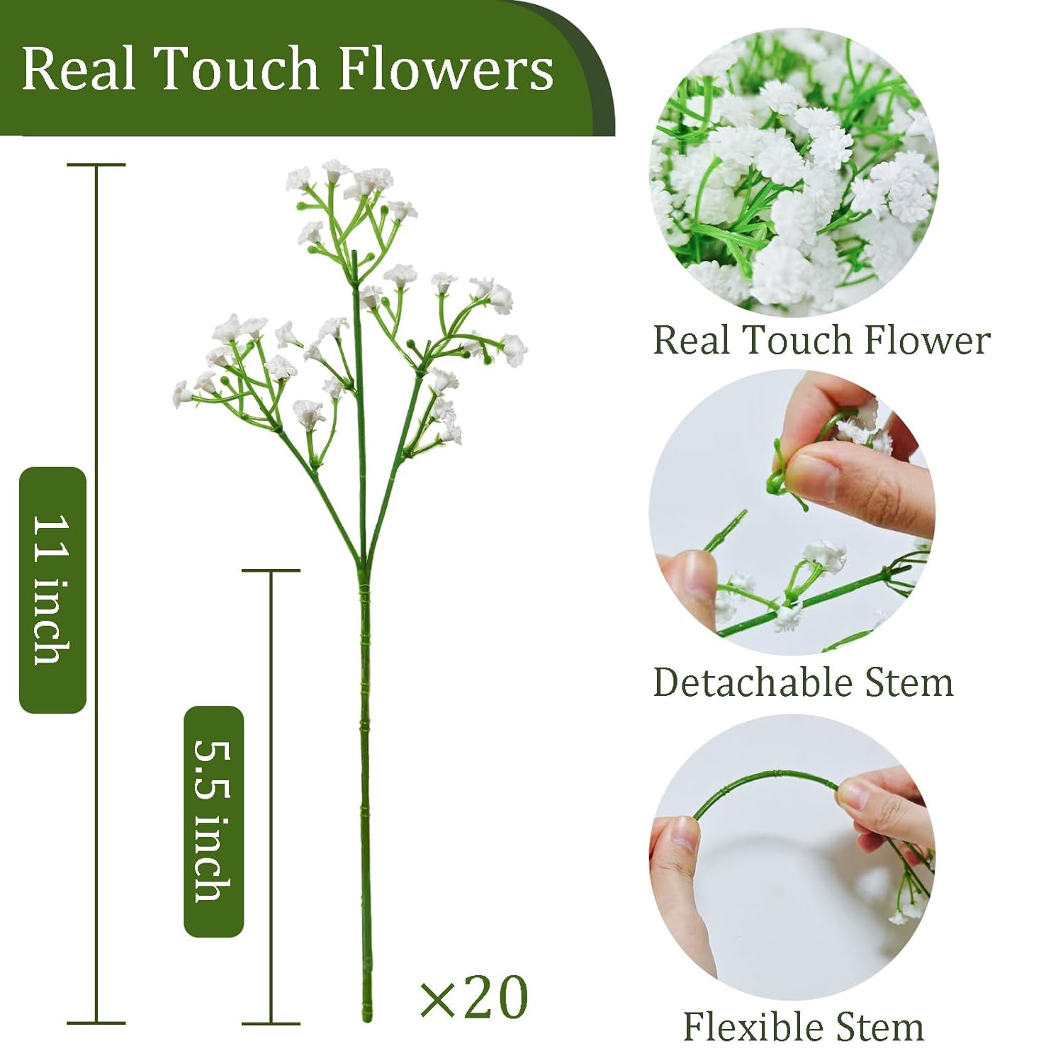 20 Pcs Real Touch Babys Breath Artificial Flowers, White Fake Flowers Baby Breath Flowers Artificial Bulk With Stems Decorations For Vase Wedding Party Garden Home Decor Centerpiece Arrangements