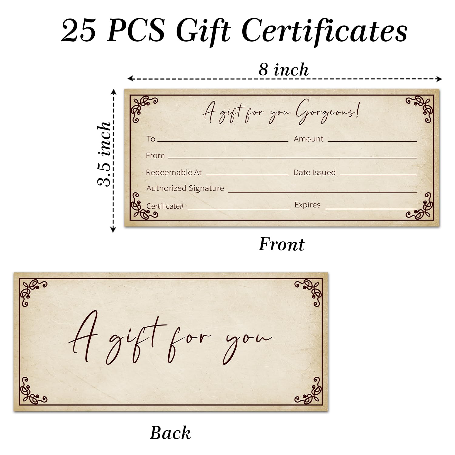 Vintage Gift Certificates For Business, For Spa Salon Restaurants Wedding Bridal Customer Custom Client Vouchers Coupon Birthday Christmas, 25 Pcs Blank Gift Cards -004
