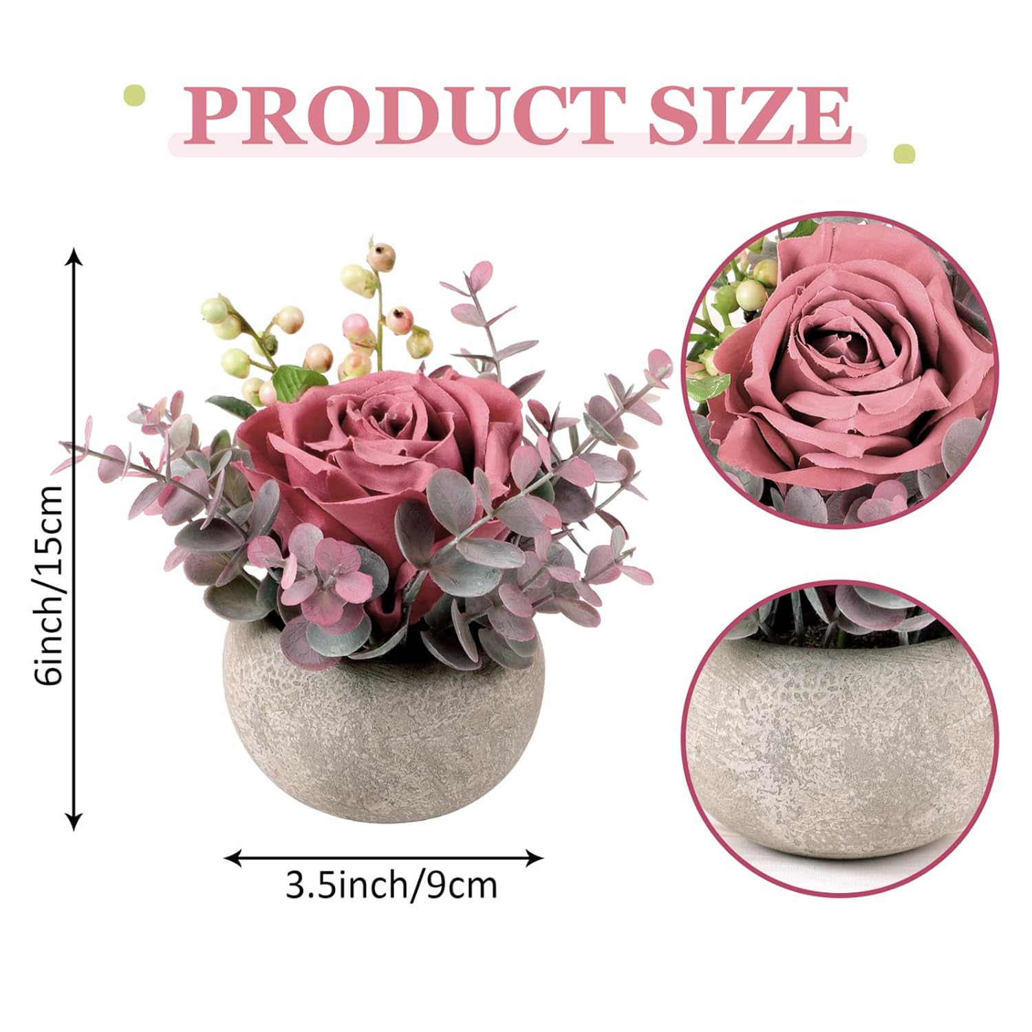 2 Pack Mini Potted Flowers, Pink Rose Artificial Flowers In Pot Fake Greenery Potted Plants Desk Shelf Decor For Home Office Living Room Bathroom