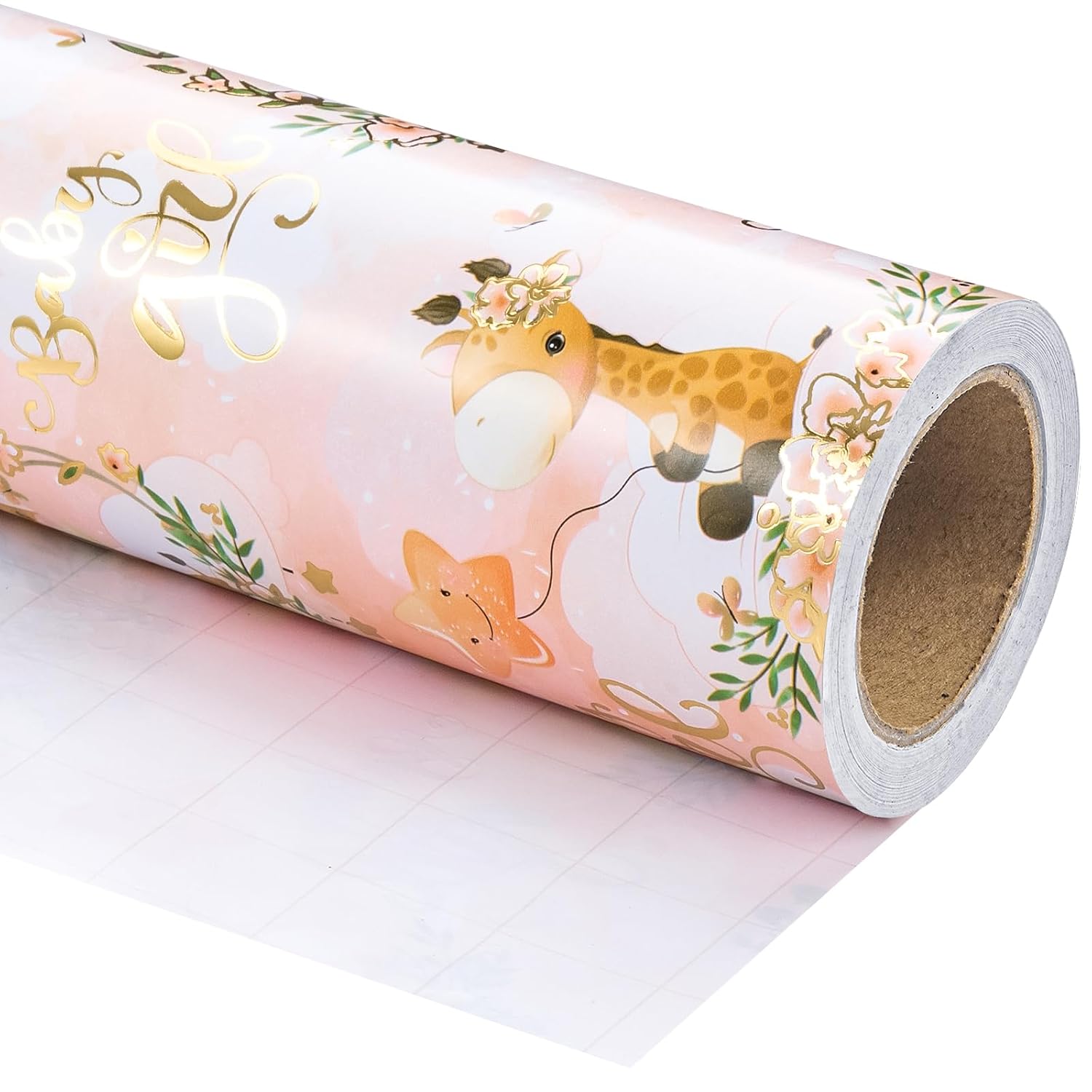Baby Girl Wrapping Paper Roll - Mini Roll - 17 Inch X 16.5 Feet - Gold Foil Cute Giraffe Design For Kids Girls Baby Shower, Birthday