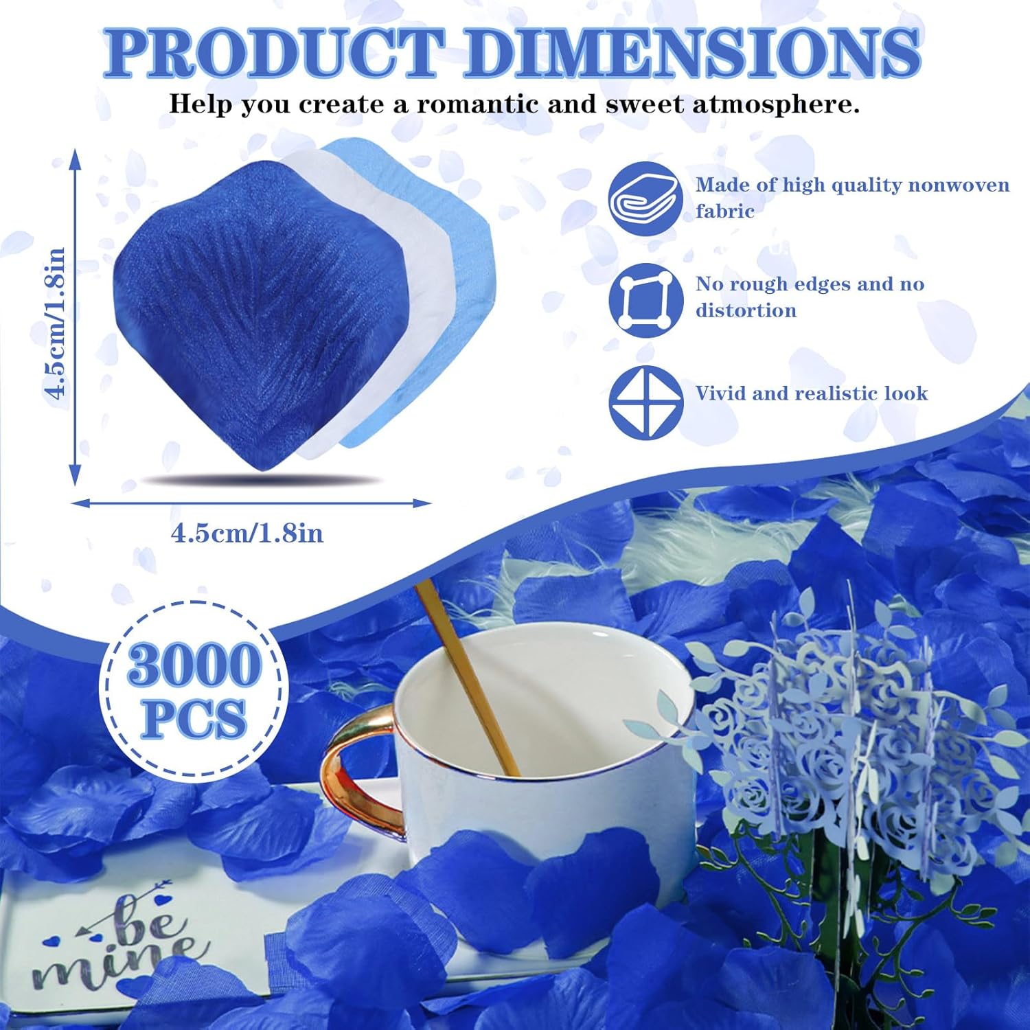 3000Pcs Fake Rose Petals, Artificial Flower Petals For Romantic Night, Valentine'S Day, Flower Girl Basket, Proposal, Wedding Decorations, Dark Blue+Light Blue+White