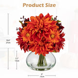 Faux Fall Flowers In Vase, Artificial Dahlia & Mum Silk Floral Arrangement With Clear Glass Vase Fake Autumn Flowers Bouquet For Home Office Dining Room Table Centerpiece Decoration