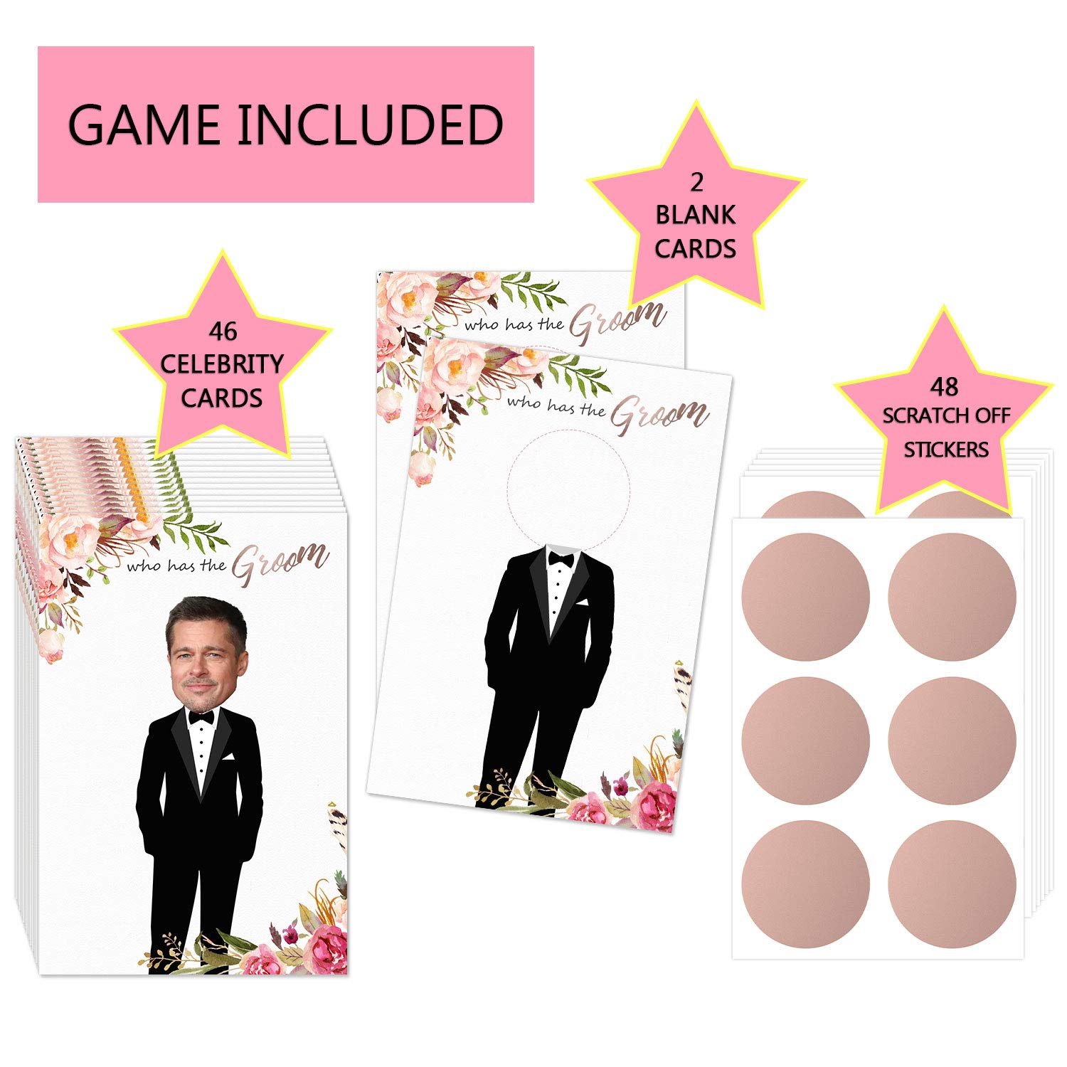 Floral Bridal Shower Games - Who Has The Groom Scratch Off Celebrity Cards Tickets For 48 Guests - Funny Bachelorette Party Games Ideas - Rose Gold White