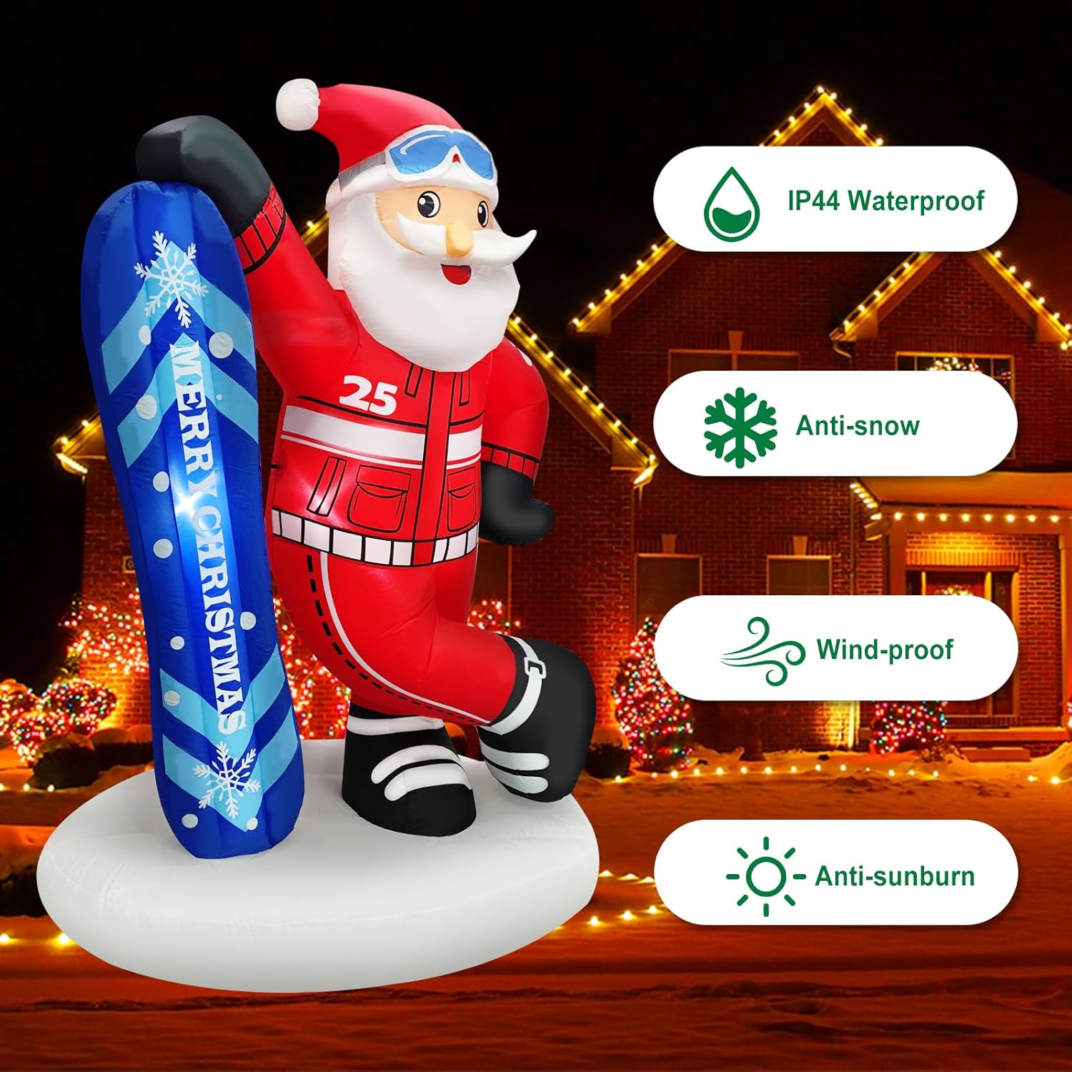 Christmas Inflatable Decoration 6.9 Ft Snowboarding Santa Claus With Goggles & Blue “Merry Christmas” Snowboard Cool Fun