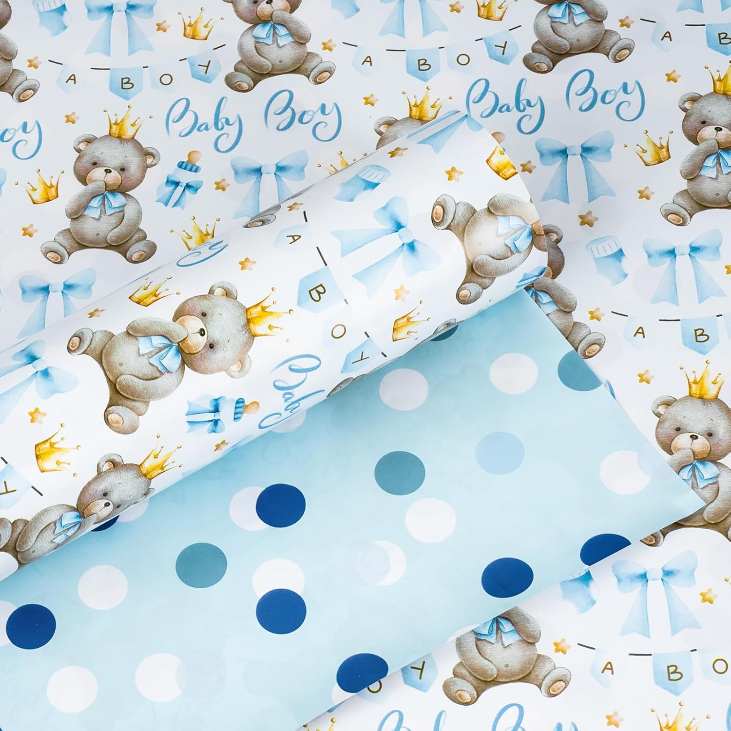 Bear Baby Shower Wrapping Paper, Baby Boy Wrapping Paper, Reversible Watercolor Blue Bear, Bow & Polka Dot Little Boy Gift Wrap For Boys Birthday, Kid Party, 1St Birthday (17 Inch X 16.5 Feet)