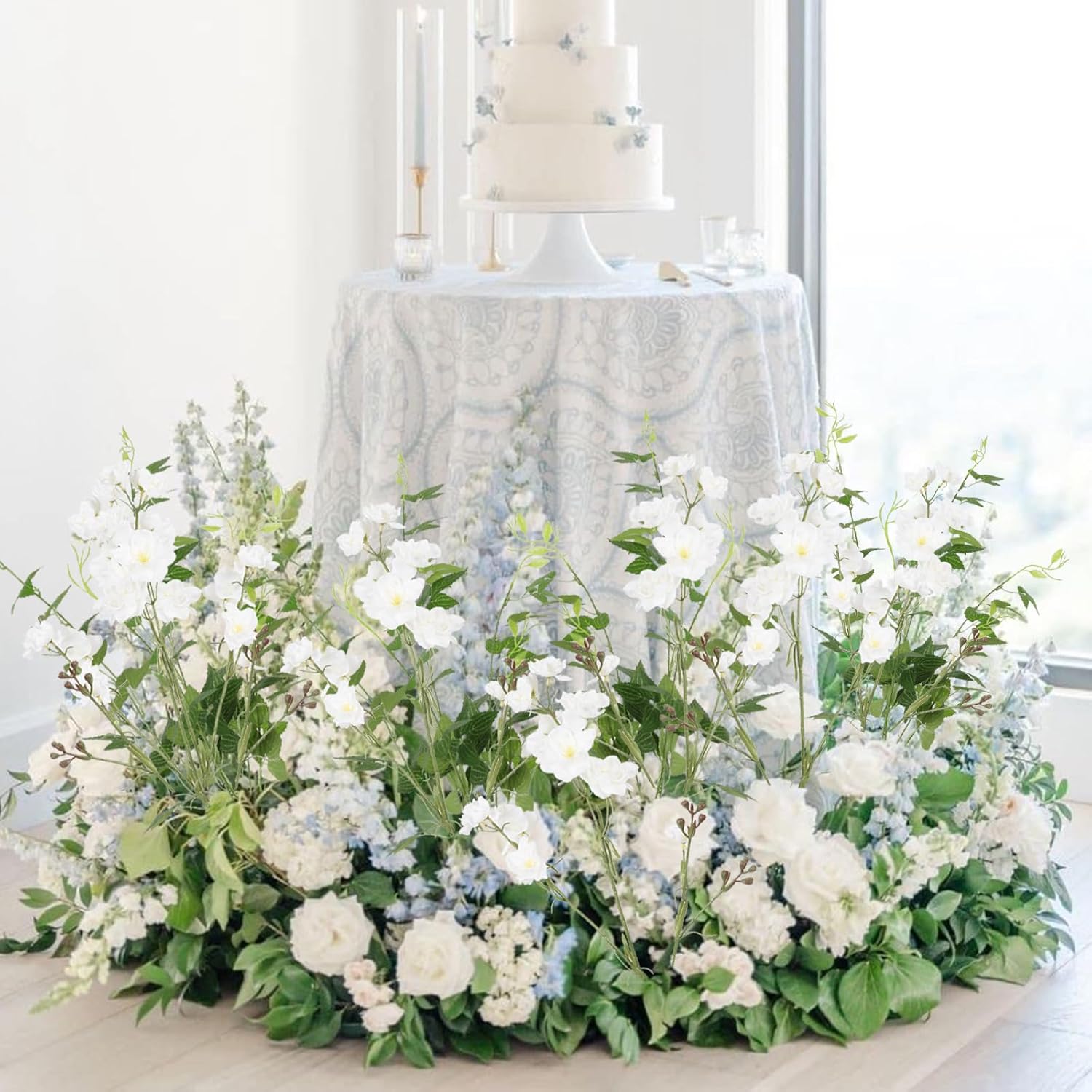 White Delphinium Artificial Flowers 7Pcs Delphiniums Silk Artificial Flowers With Clematis Leaves Long Stem Fake Flowers For Tall Vase Wedding Centerpieces Home Decor(White)