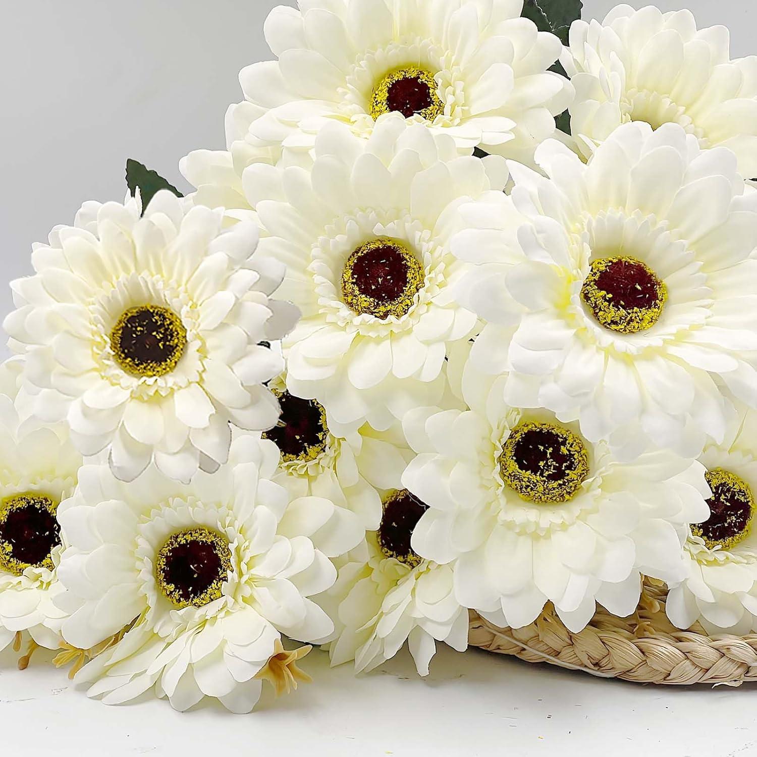 Artificial Gerbera Daisies Silk Flowers, 14 Heads White Daisy Artificial Flowers With Leaves, Fake Wild Flowers For Wedding, Party, Home Indoor Outdoor Decor
