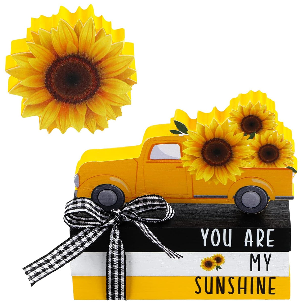 5 Pieces Farmhouse Tiered Tray Decor Items Rustic Wooden Mini Truck Bundle Books Stack Sign For Summer Spring Home Harvest Table Shelf Decorations(Sunflower Style)