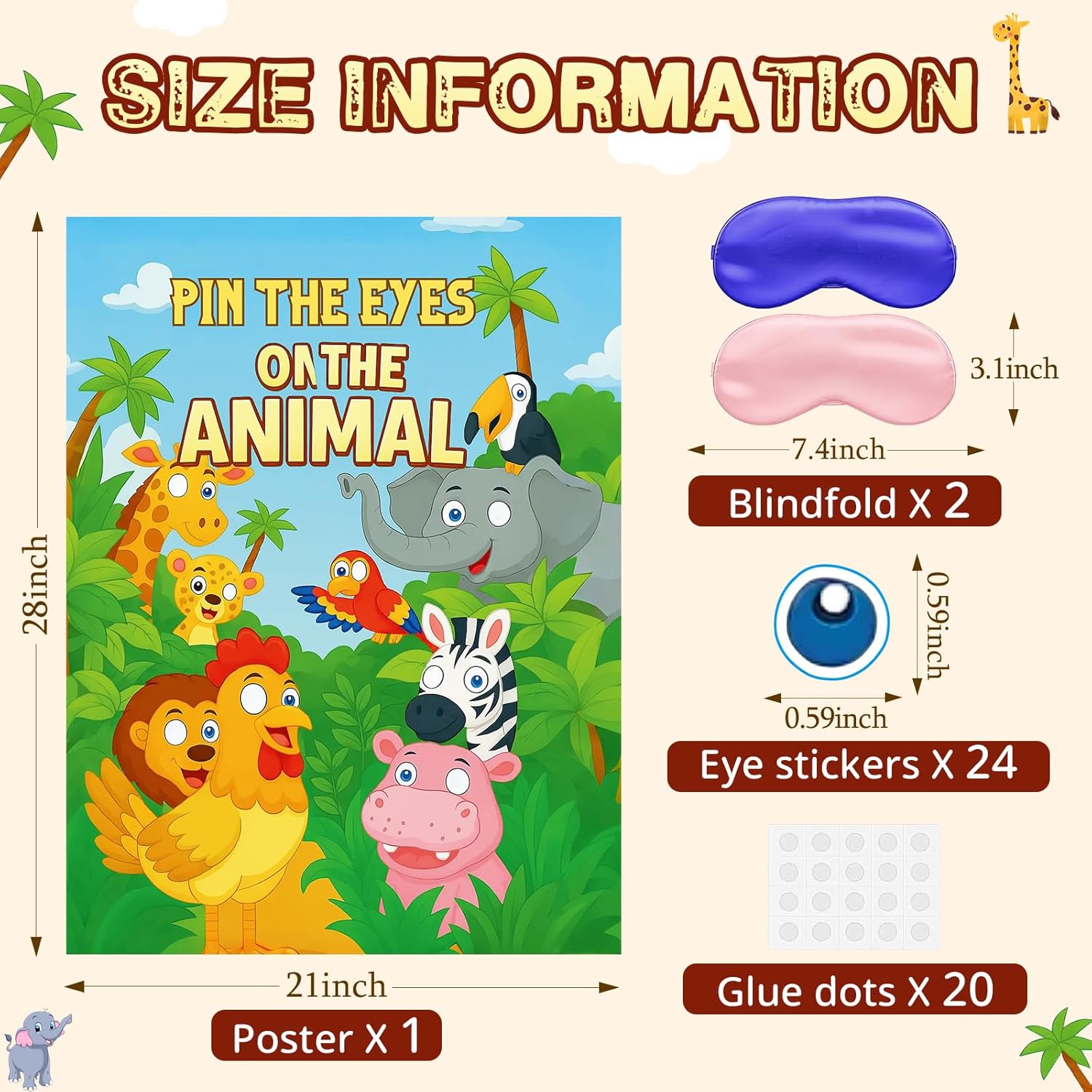 Zoo Party Game: Pin The Eyes On The Animals Poster For Jungle Safari Zoo Forest Party Supplies