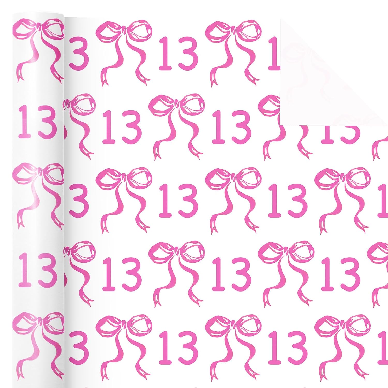 13Th Birthday Wrapping Paper Roll - Mini Roll - 17 Inch X 16.5 Feet - Pink Bow Wrapping Paper For Girls Birthday, Baby Shower, Party