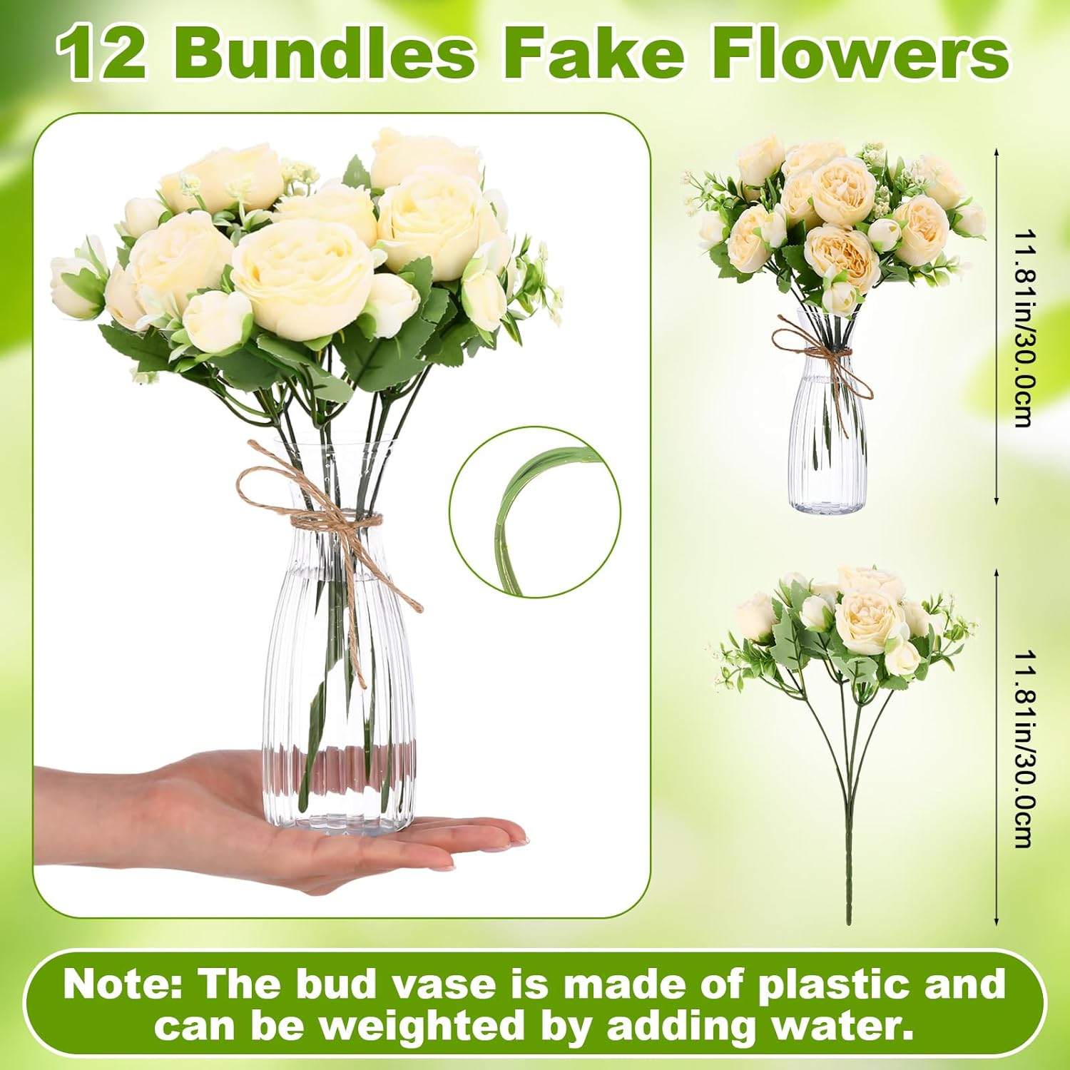 19 Pack Artificial Peony Flowers With Vase Bulk, 12 Bundles Silk Peony Bouquet 6 Plastic Clear Vase With 1 Pcs Rope, Table Centerpiece Arrangement Decoration Wedding Party(Champagne)