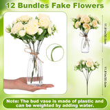 19 Pack Artificial Peony Flowers With Vase Bulk, 12 Bundles Silk Peony Bouquet 6 Plastic Clear Vase With 1 Pcs Rope, Table Centerpiece Arrangement Decoration Wedding Party(Champagne)